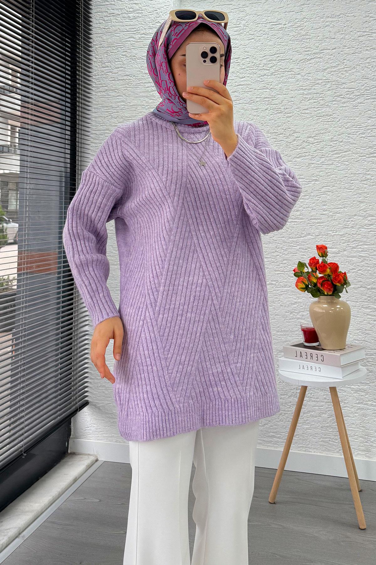 Önü Çizgi Desenli Oversize Triko Kazak – Lila