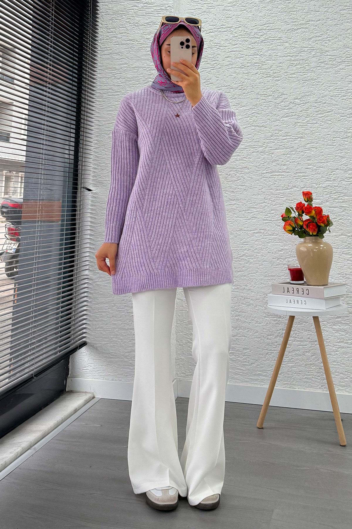 Önü Çizgi Desenli Oversize Triko Kazak – Lila
