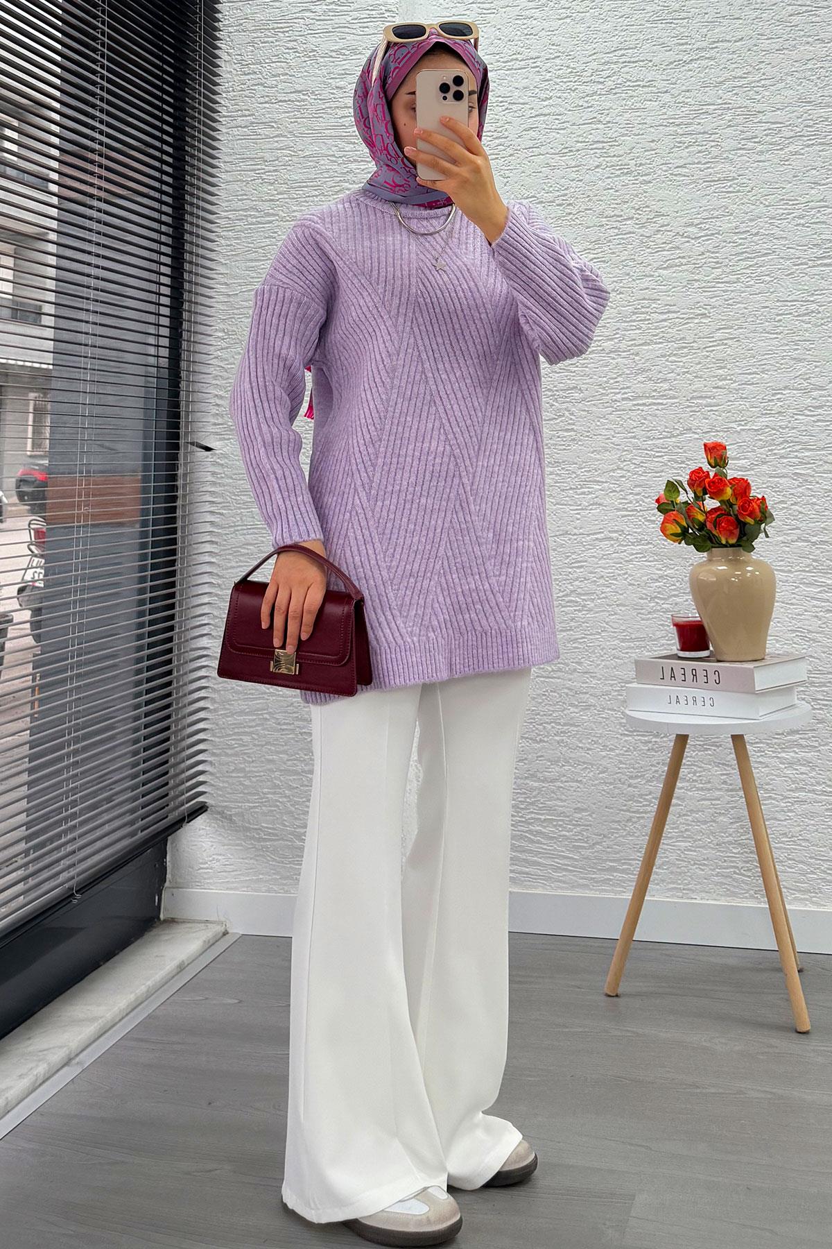 Önü Çizgi Desenli Oversize Triko Kazak – Lila