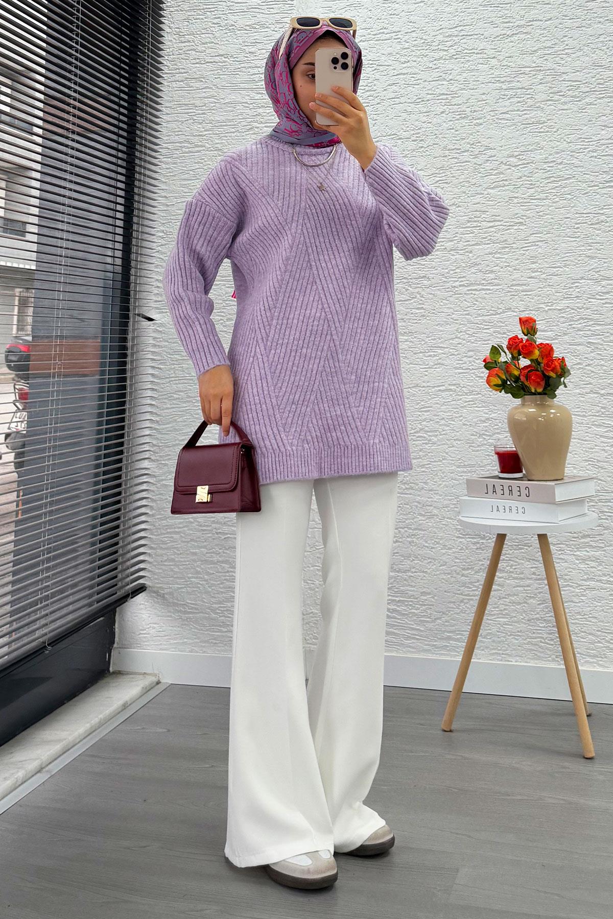 Önü Çizgi Desenli Oversize Triko Kazak – Lila