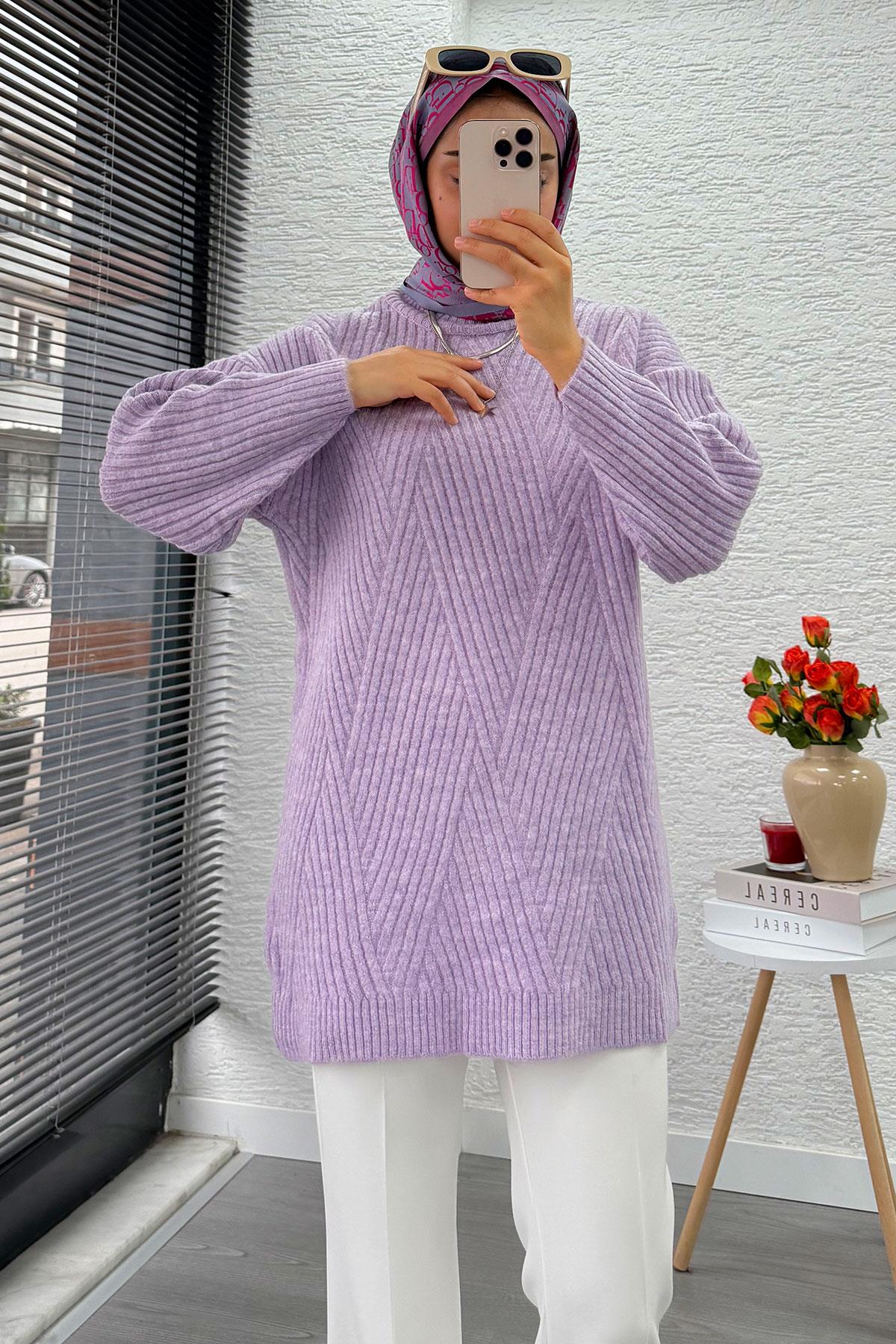 Önü Çizgi Desenli Oversize Triko Kazak – Lila