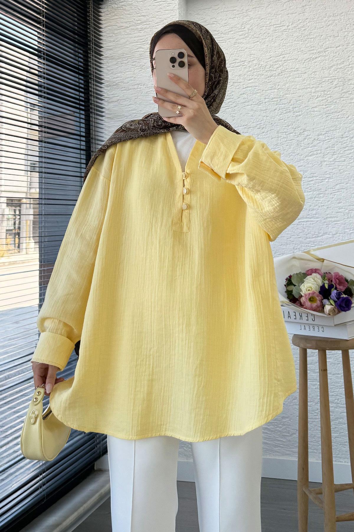 Önü Düğme Detaylı Müslin Tunik - Sarı