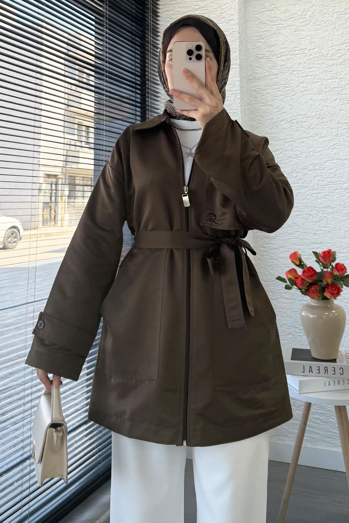 Önü Fermuarlı Gabardin Trençkot - Kahverengi