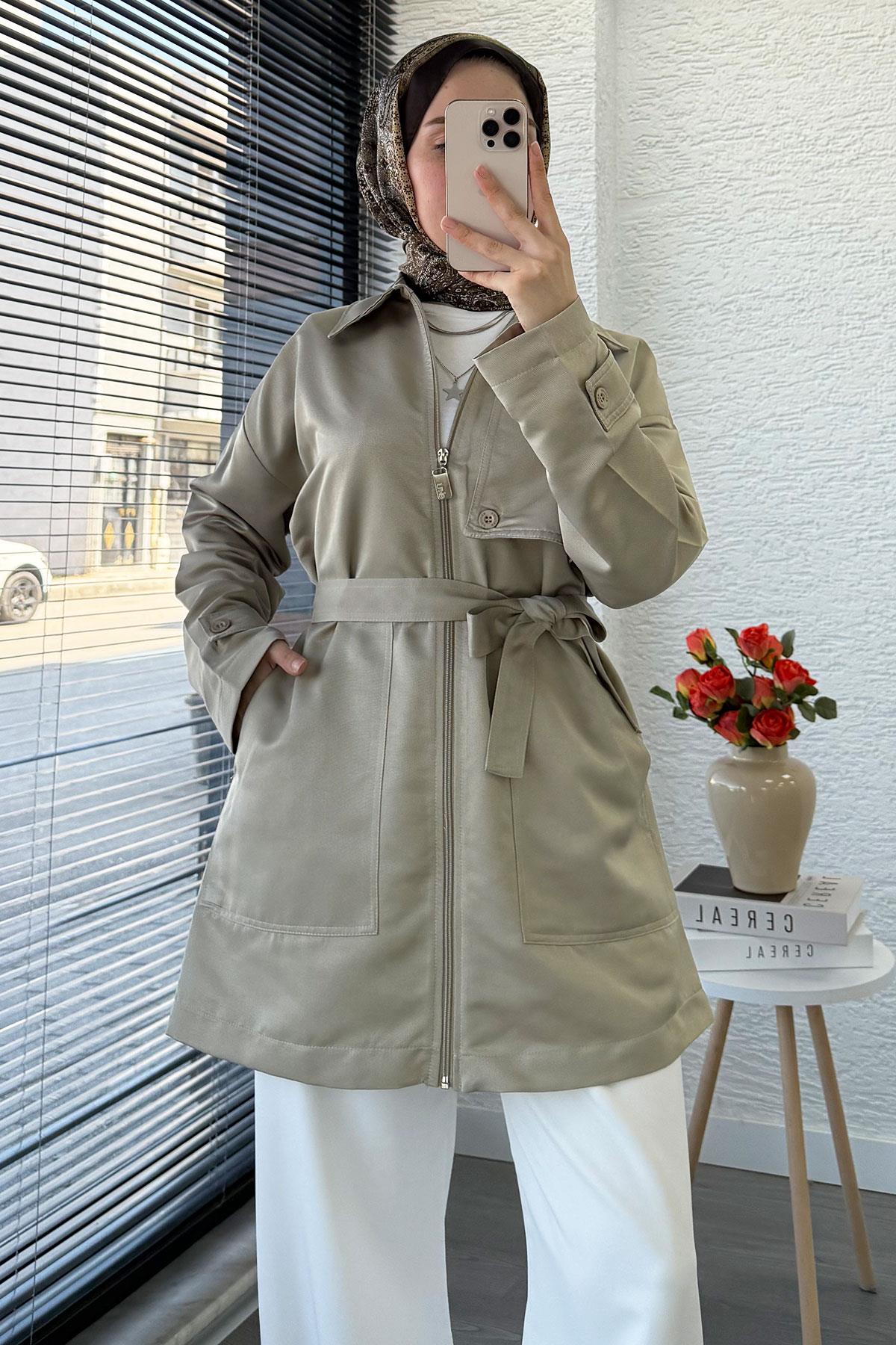 Önü Fermuarlı Gabardin Trençkot - Taş