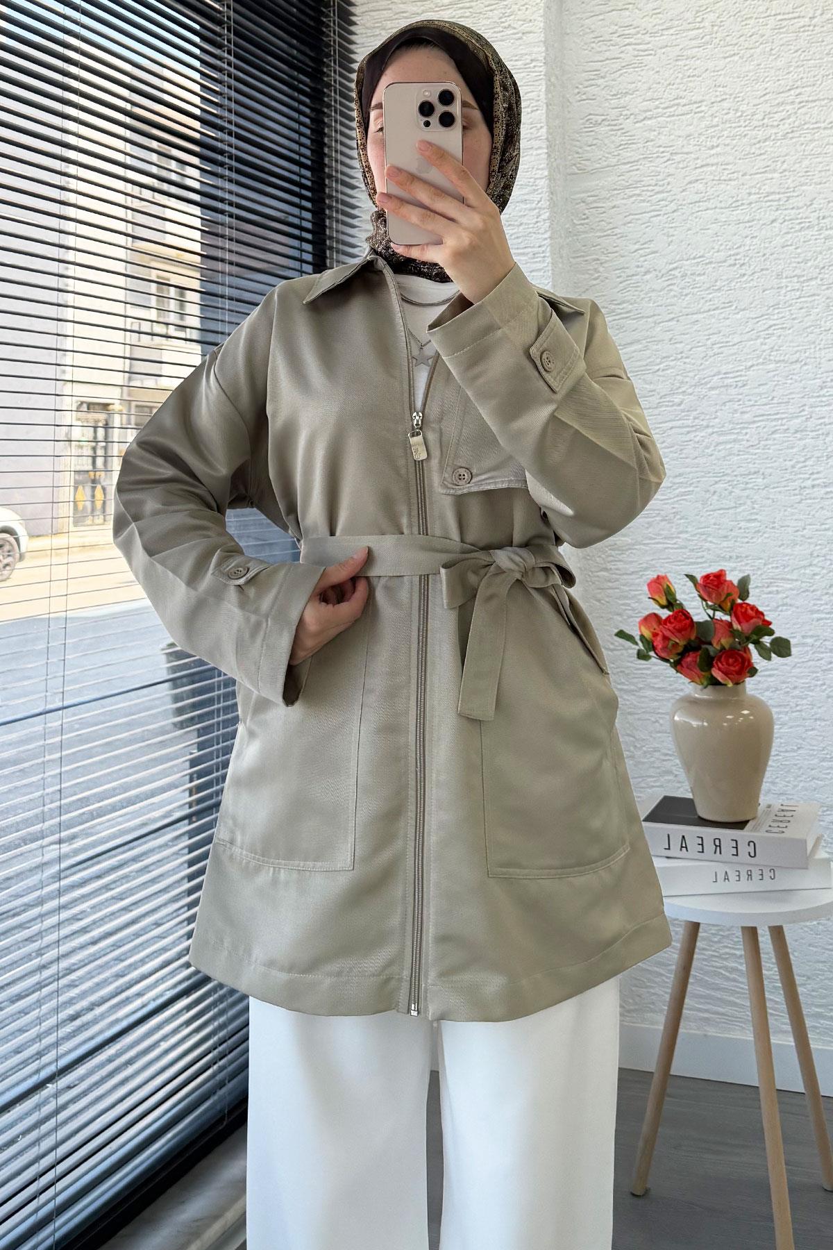 Önü Fermuarlı Gabardin Trençkot - Taş