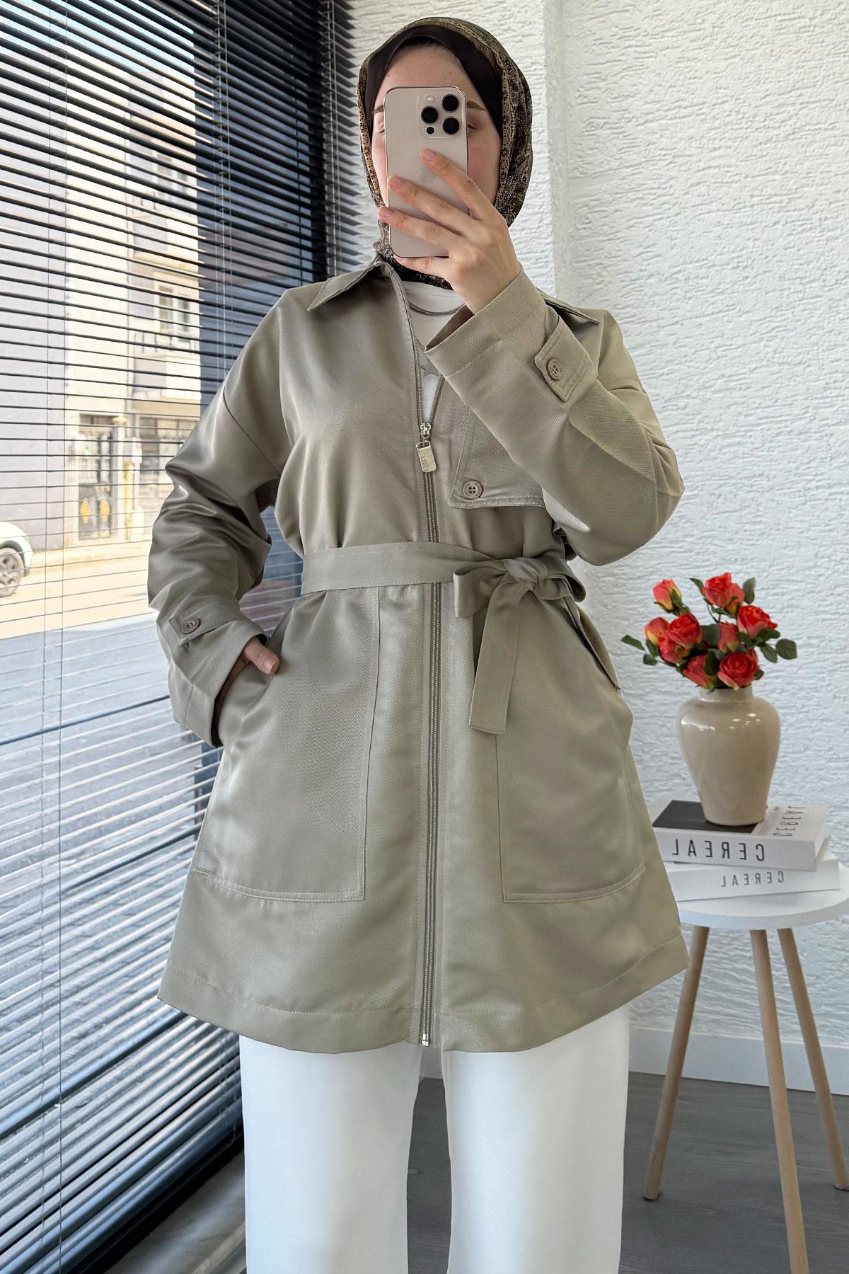 Önü Fermuarlı Gabardin Trençkot - Taş