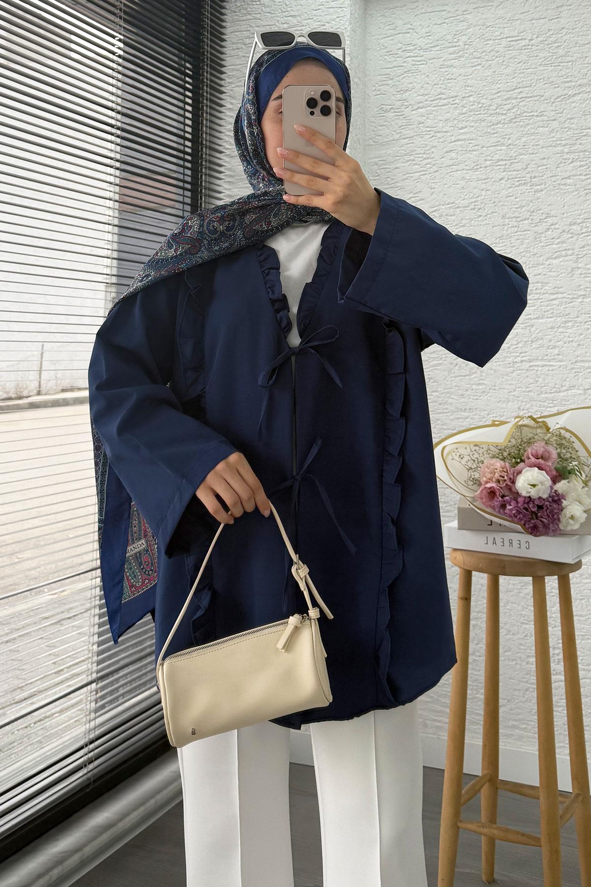 Önü Fırfır Detaylı Poplin Kimono – Lacivert