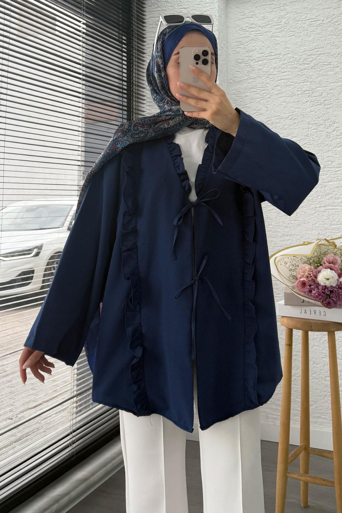 Önü Fırfır Detaylı Poplin Kimono – Lacivert