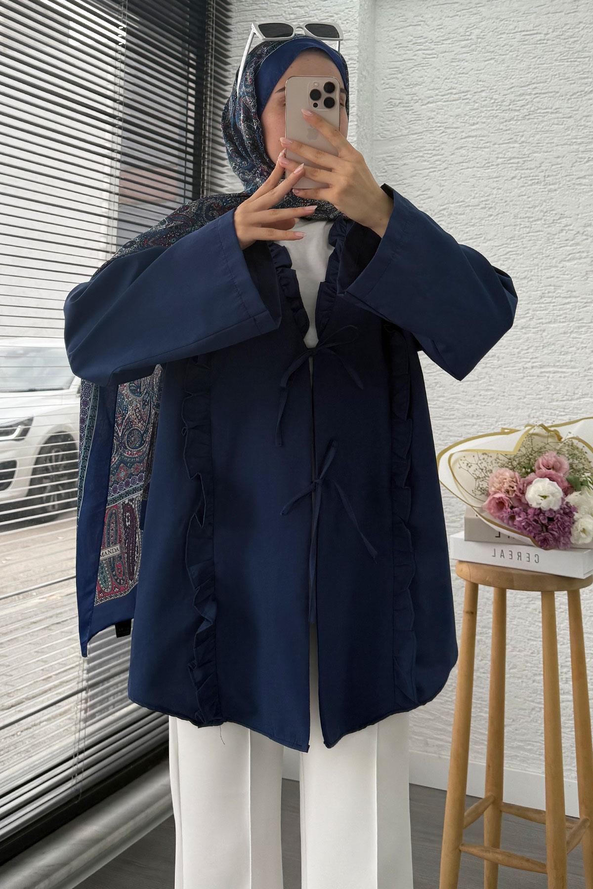 Önü Fırfır Detaylı Poplin Kimono – Lacivert