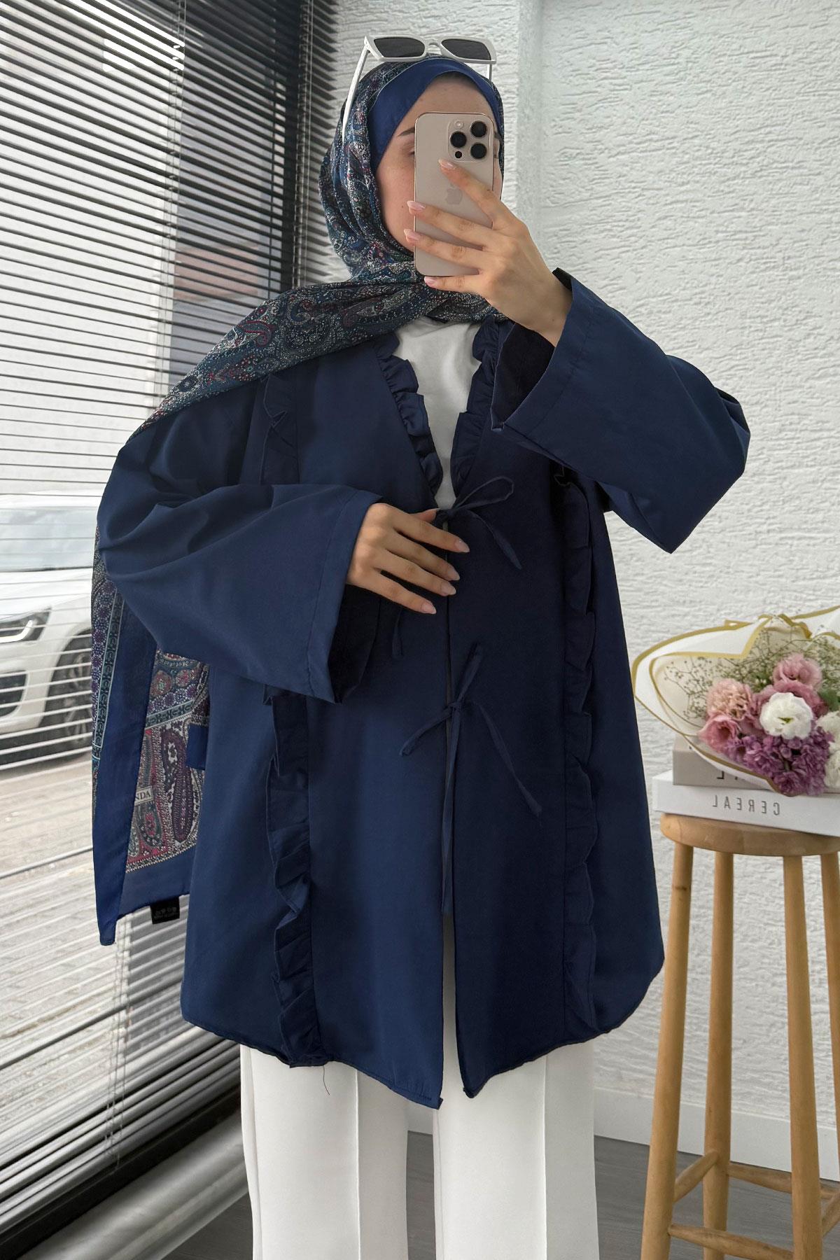 Önü Fırfır Detaylı Poplin Kimono – Lacivert