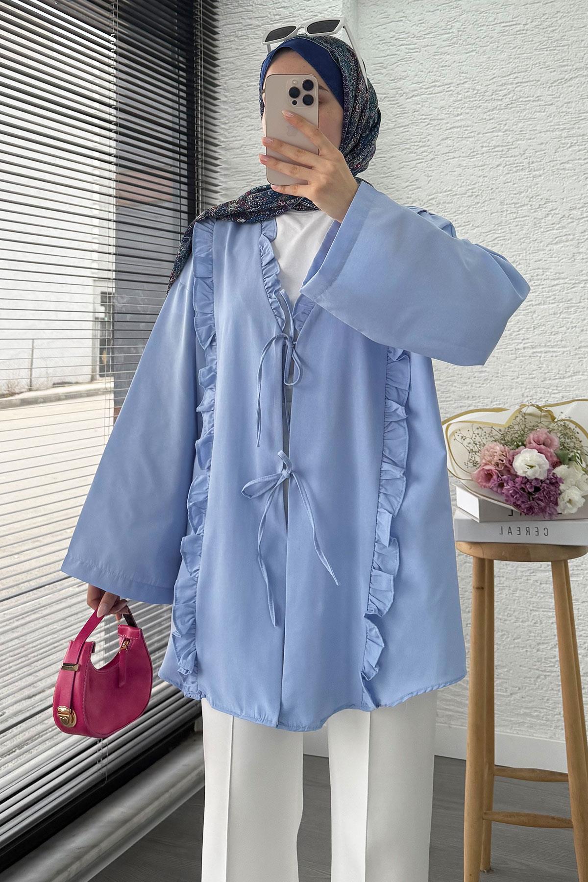 Önü Fırfır Detaylı Poplin Kimono – Mavi