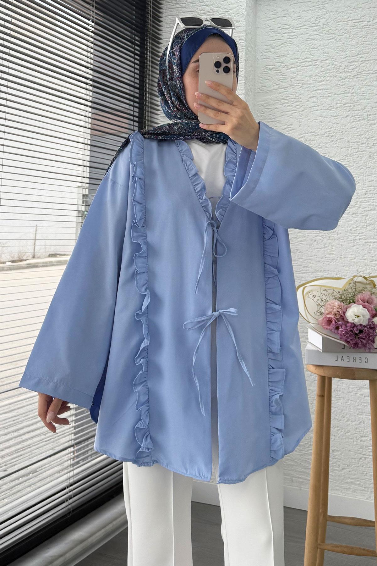 Önü Fırfır Detaylı Poplin Kimono – Mavi