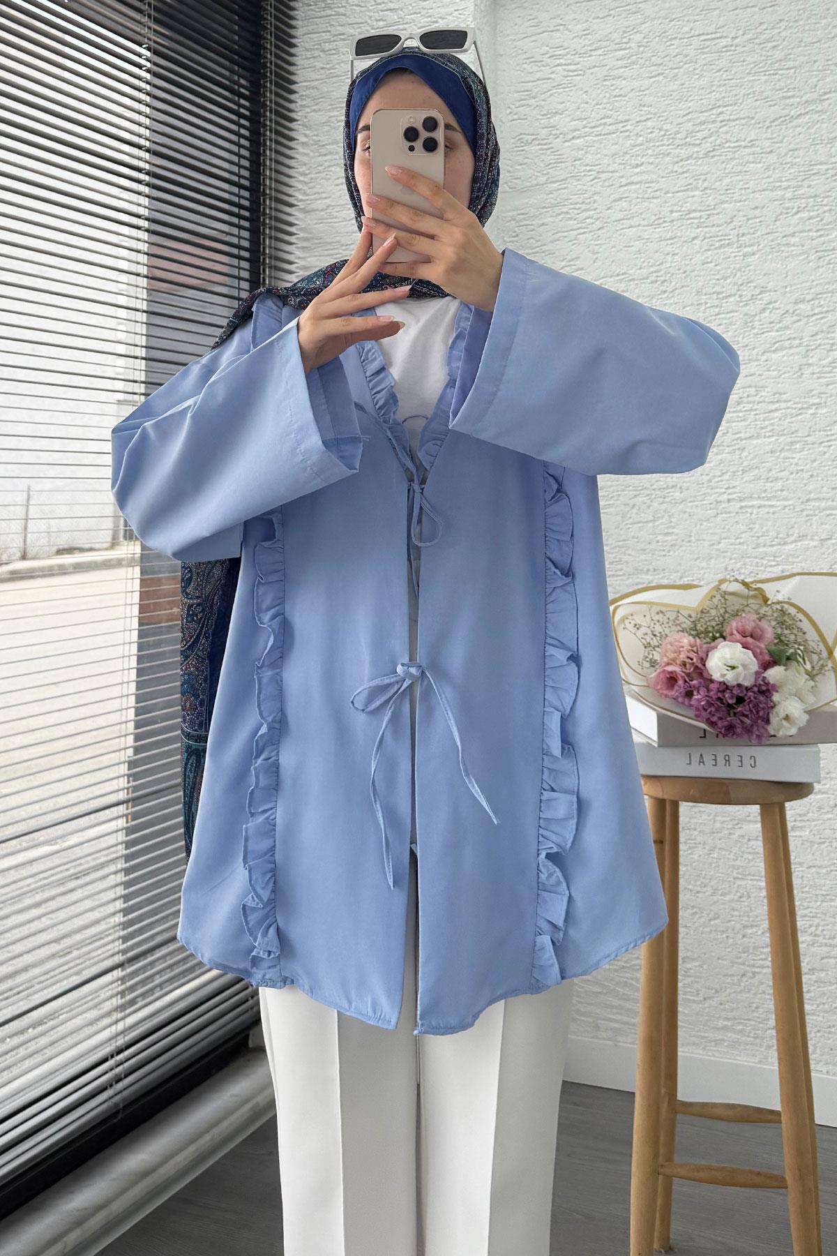 Önü Fırfır Detaylı Poplin Kimono – Mavi