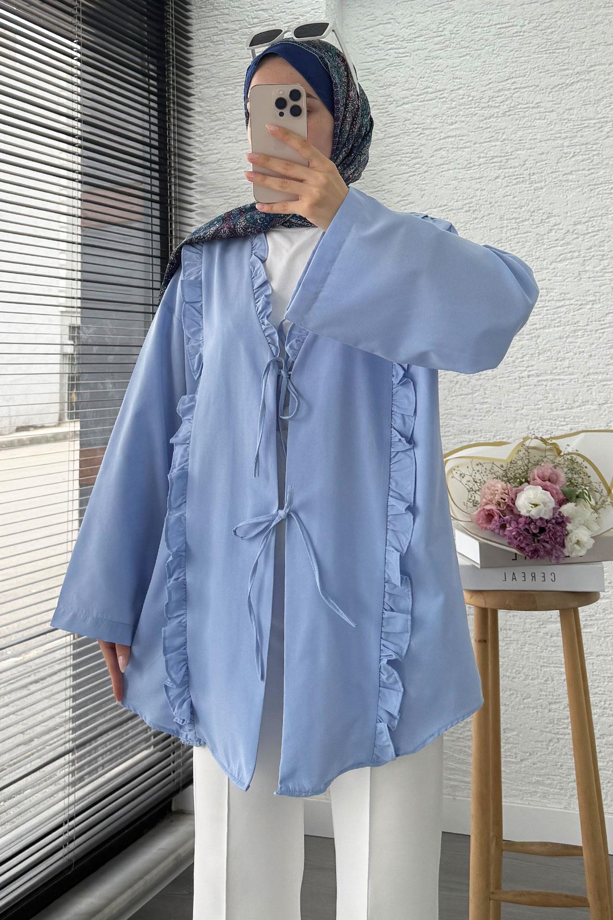 Önü Fırfır Detaylı Poplin Kimono – Mavi