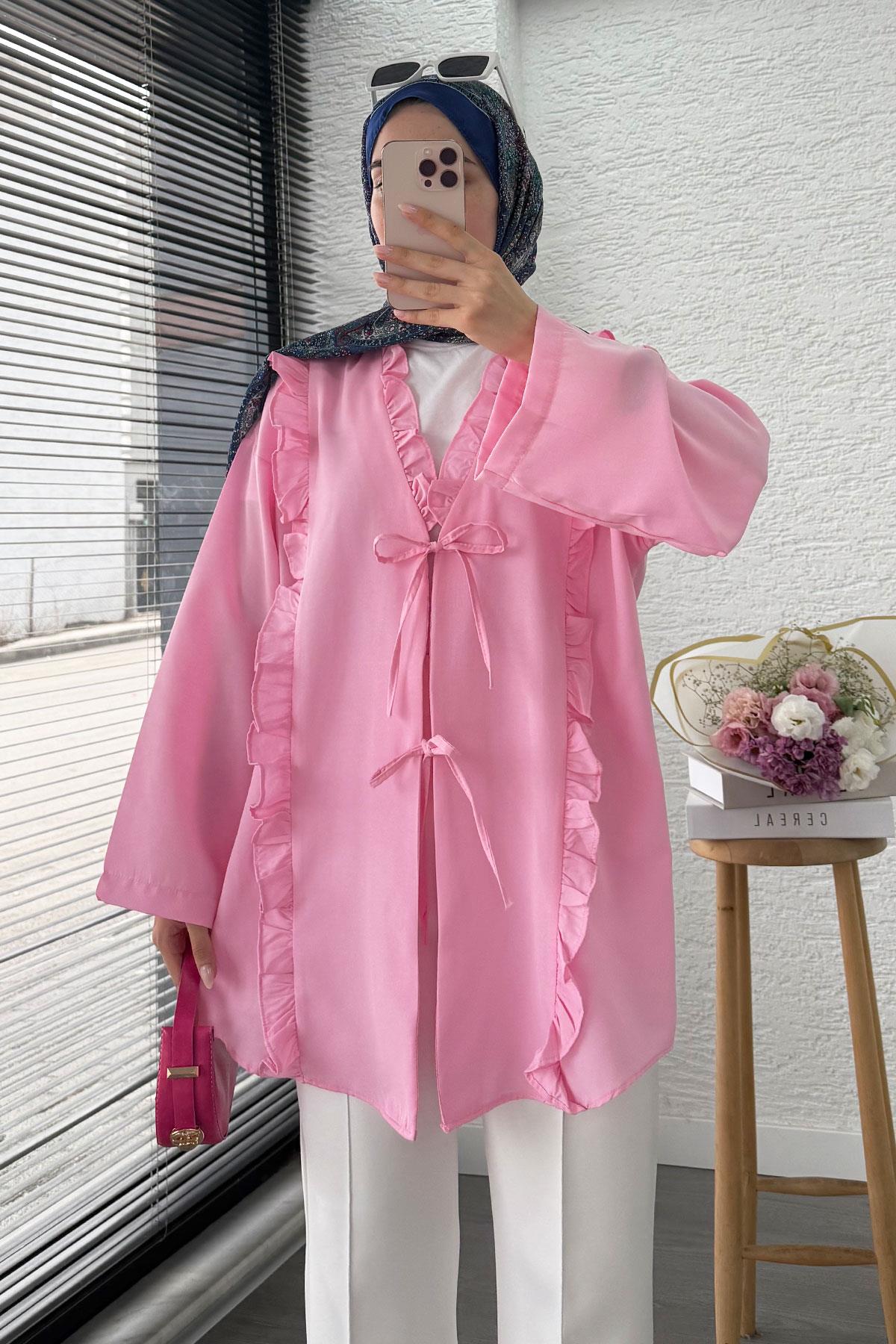 Önü Fırfır Detaylı Poplin Kimono – Pembe
