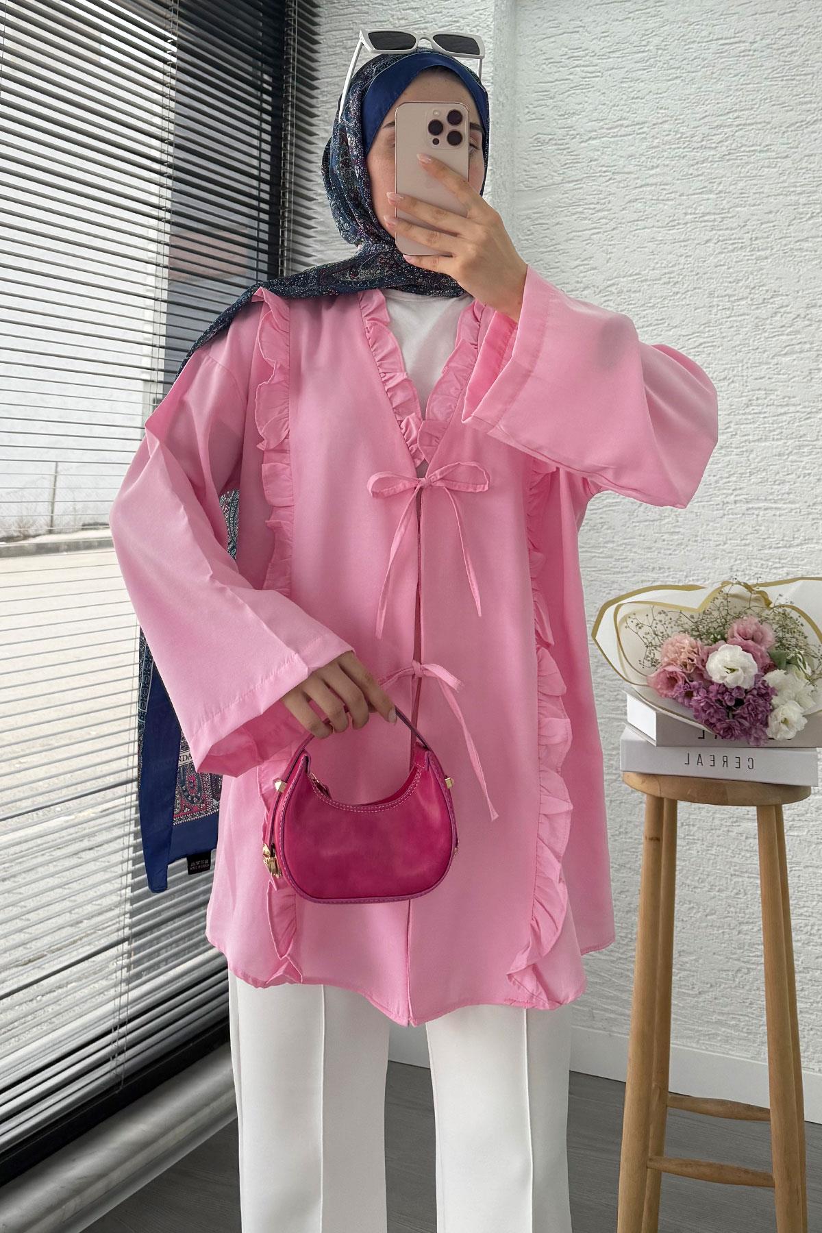 Önü Fırfır Detaylı Poplin Kimono – Pembe