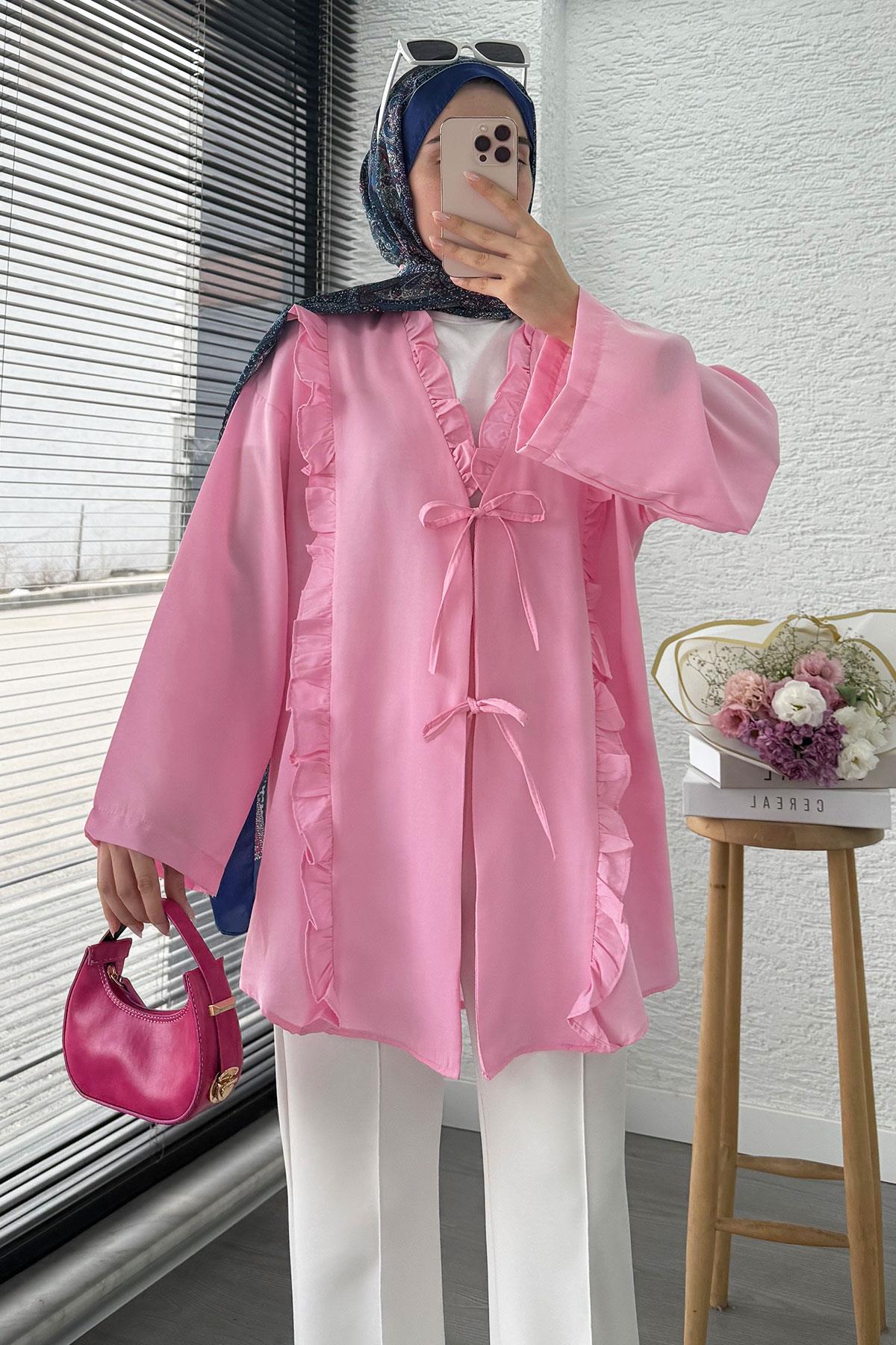 Önü Fırfır Detaylı Poplin Kimono – Pembe