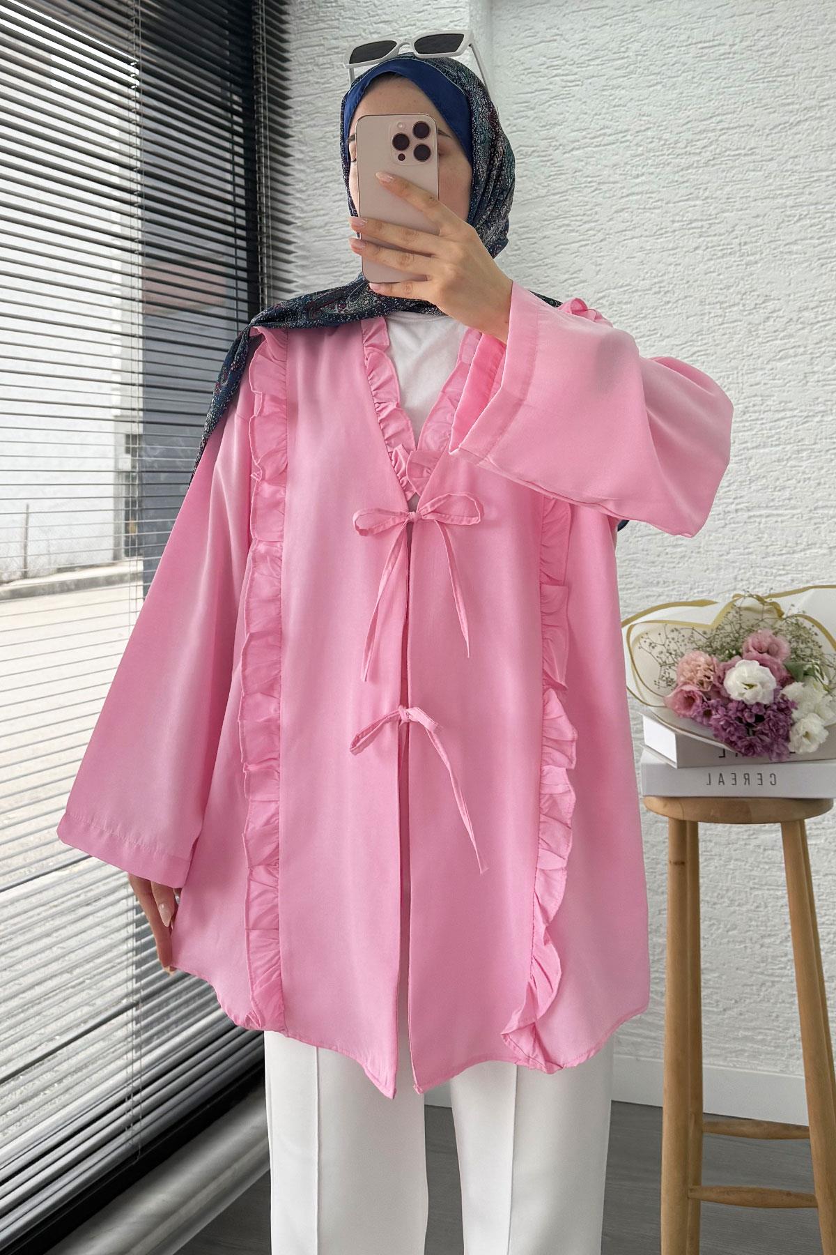 Önü Fırfır Detaylı Poplin Kimono – Pembe
