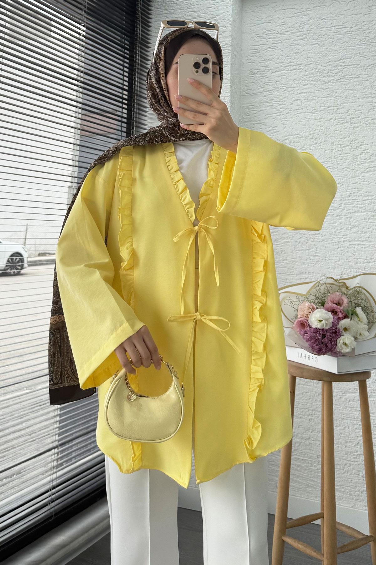 Önü Fırfır Detaylı Poplin Kimono – Sarı
