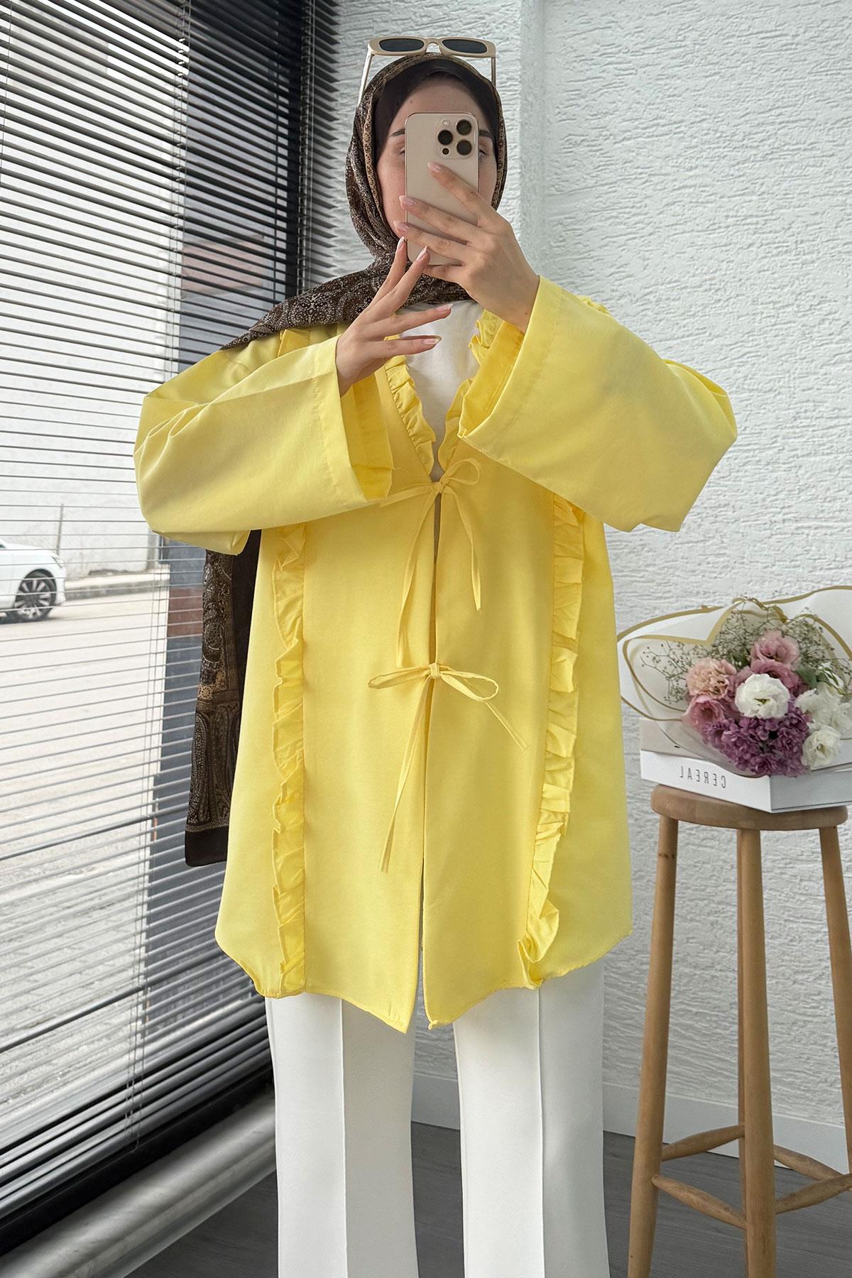 Önü Fırfır Detaylı Poplin Kimono – Sarı