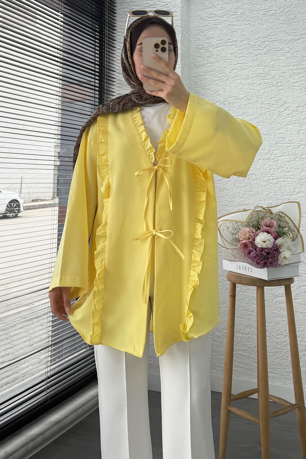 Önü Fırfır Detaylı Poplin Kimono – Sarı