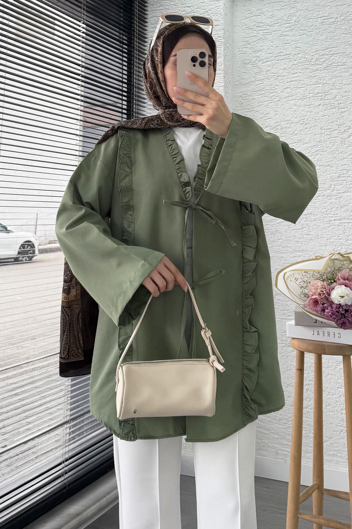 Önü Fırfır Detaylı Poplin Kimono – Yeşil