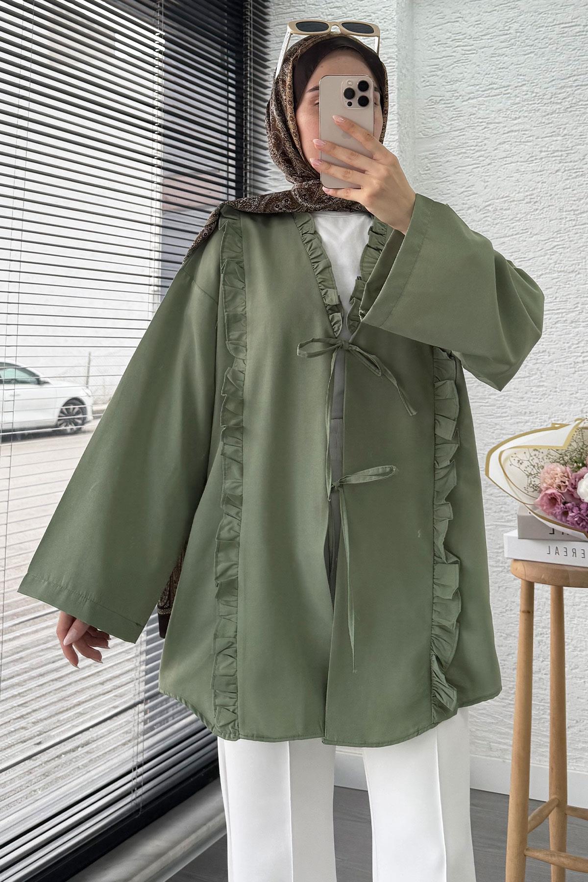 Önü Fırfır Detaylı Poplin Kimono – Yeşil