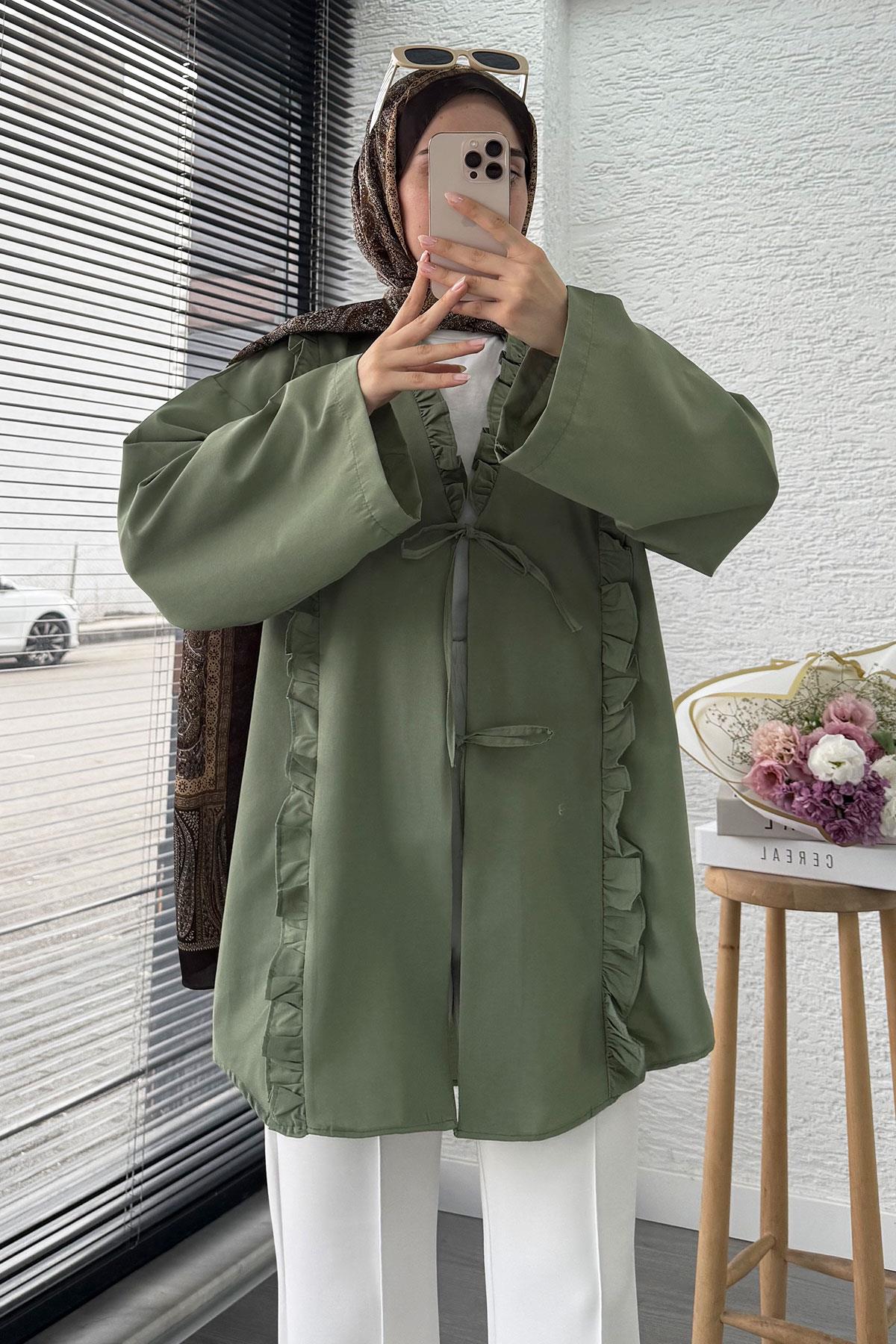Önü Fırfır Detaylı Poplin Kimono – Yeşil
