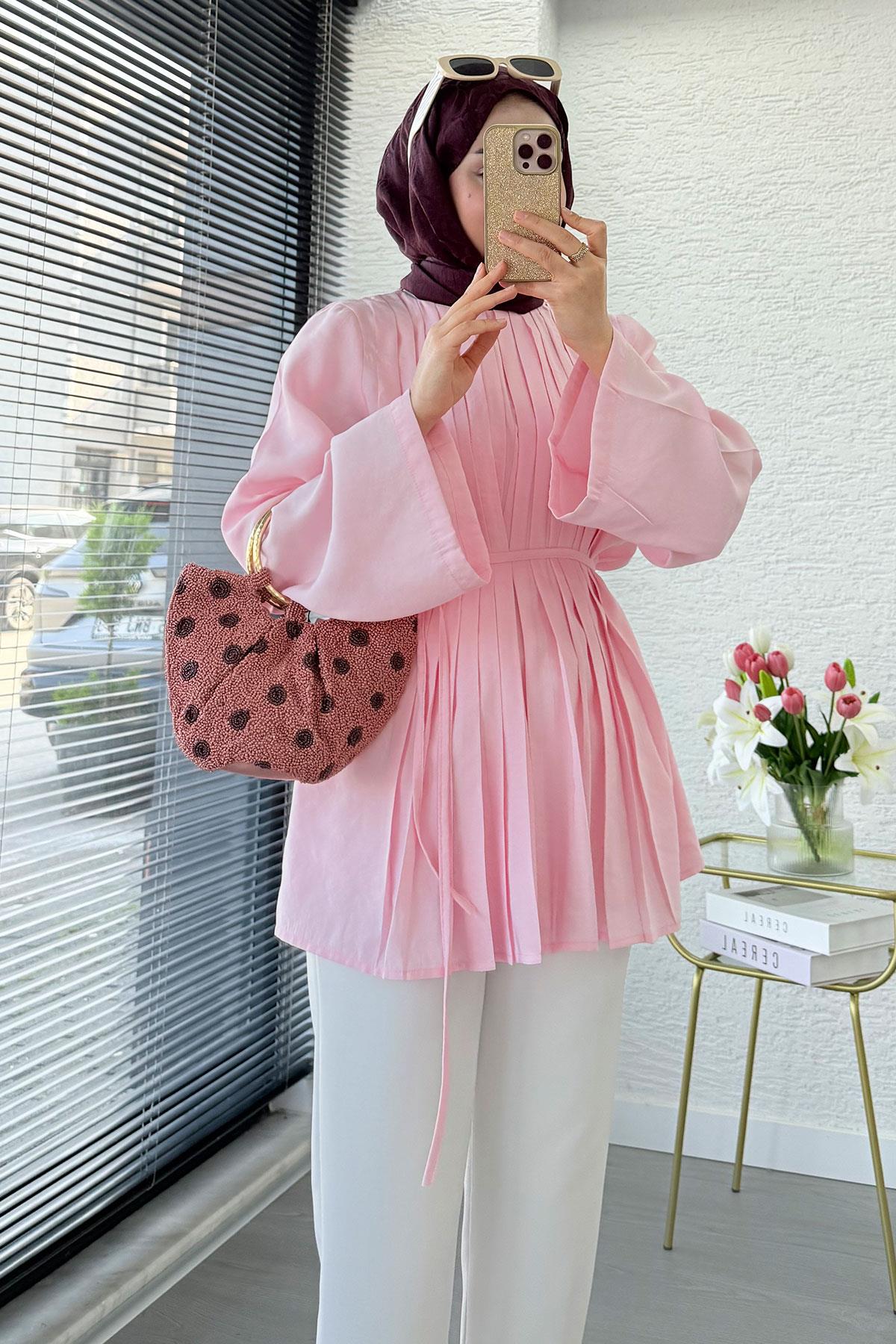 Önü Nervür Detaylı Volan Kol Tunik - Pembe
