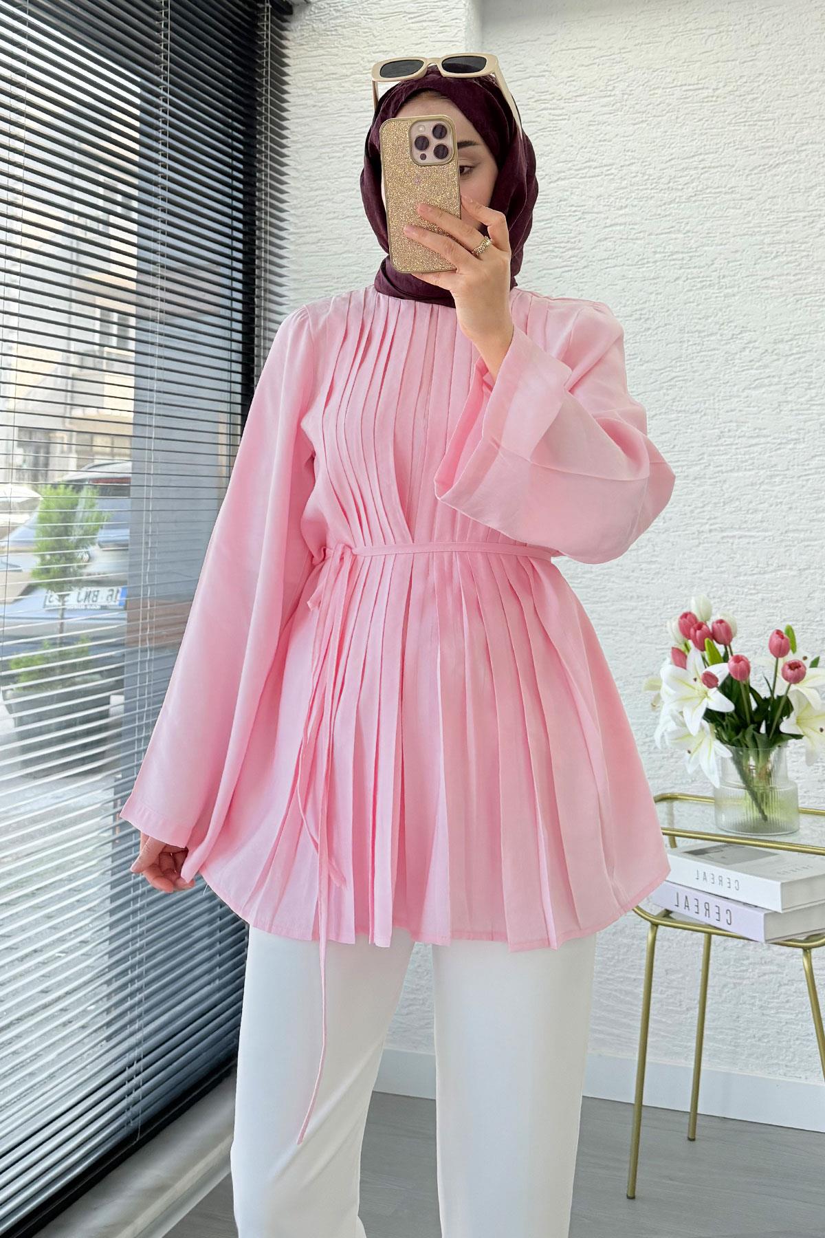 Önü Nervür Detaylı Volan Kol Tunik - Pembe