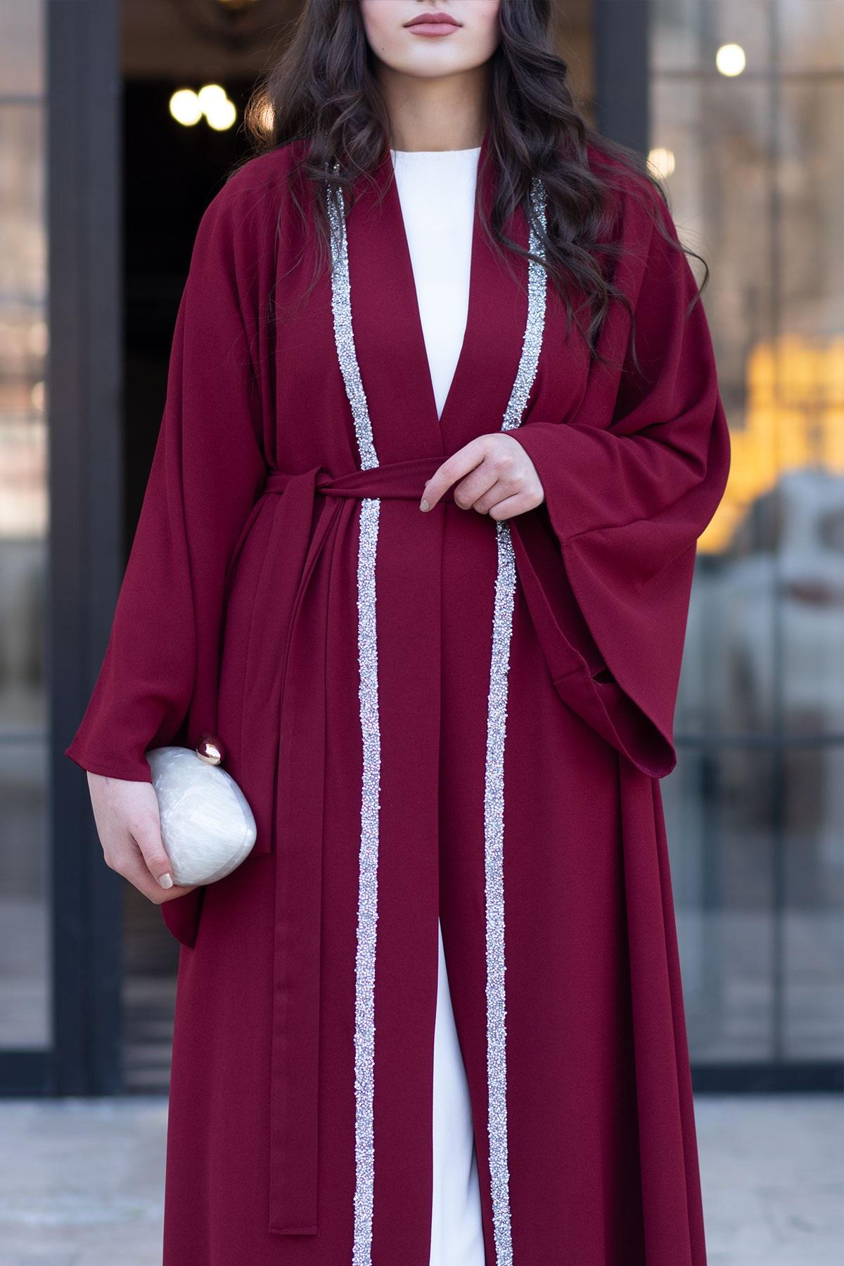 Önü Taş Şeritli Abaya-Bordo