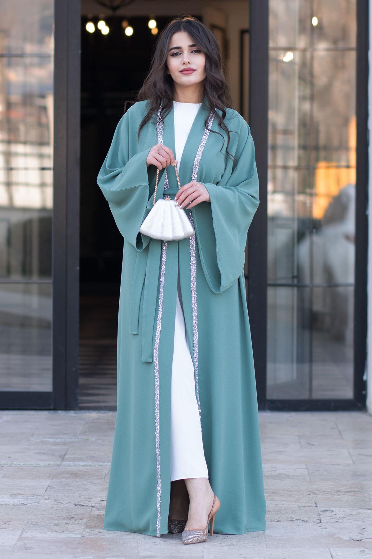 Önü Taş Şeritli Abaya-Mint