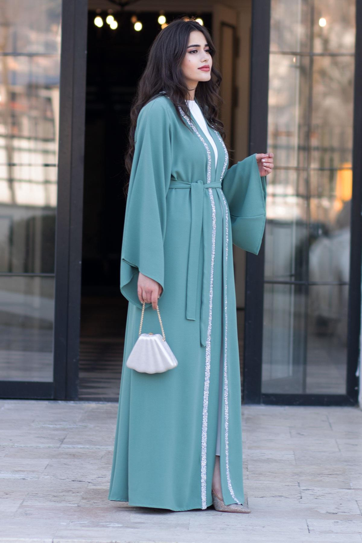 Önü Taş Şeritli Abaya-Mint