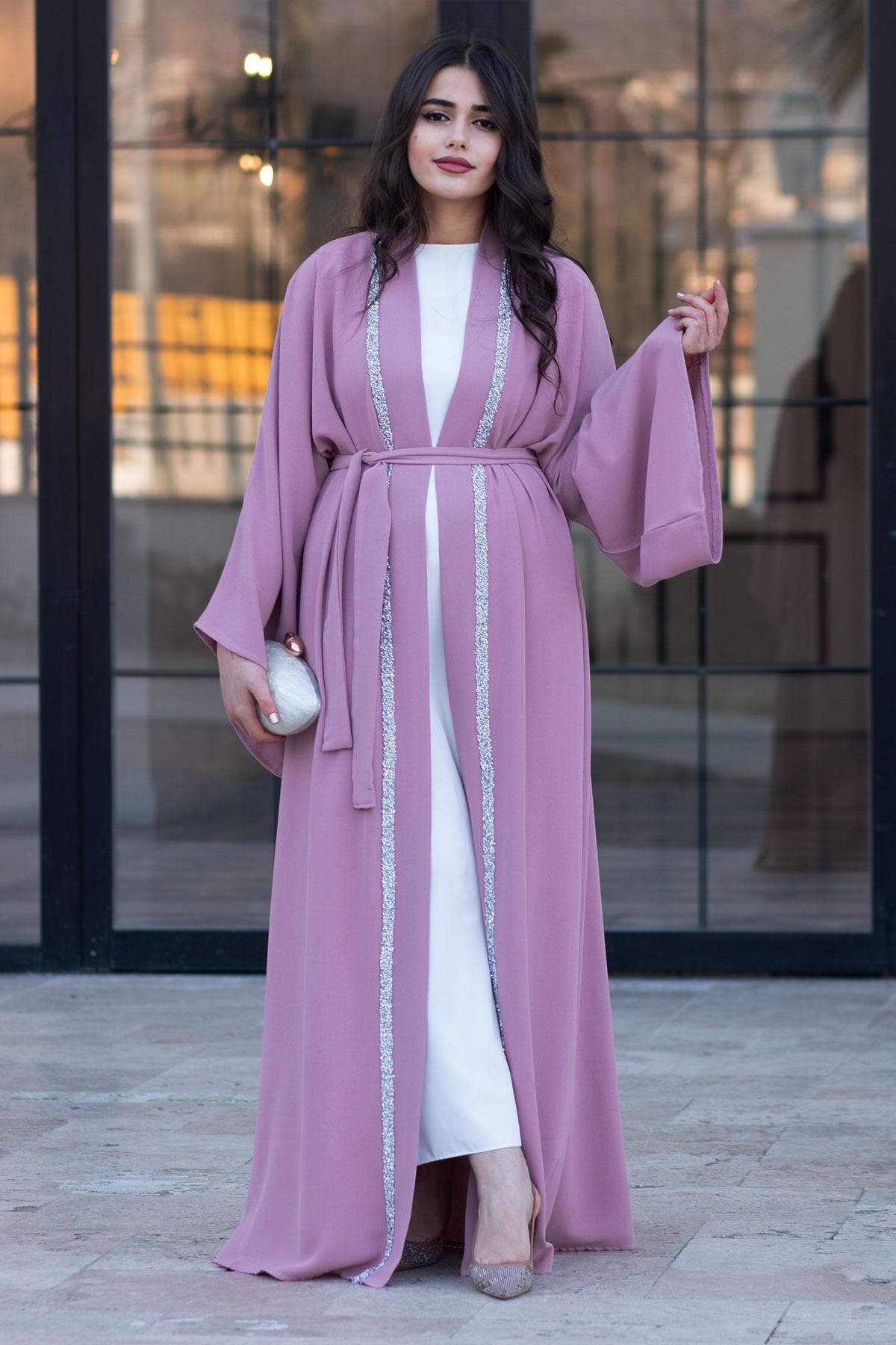 Önü Taş Şeritli Abaya-Pembe