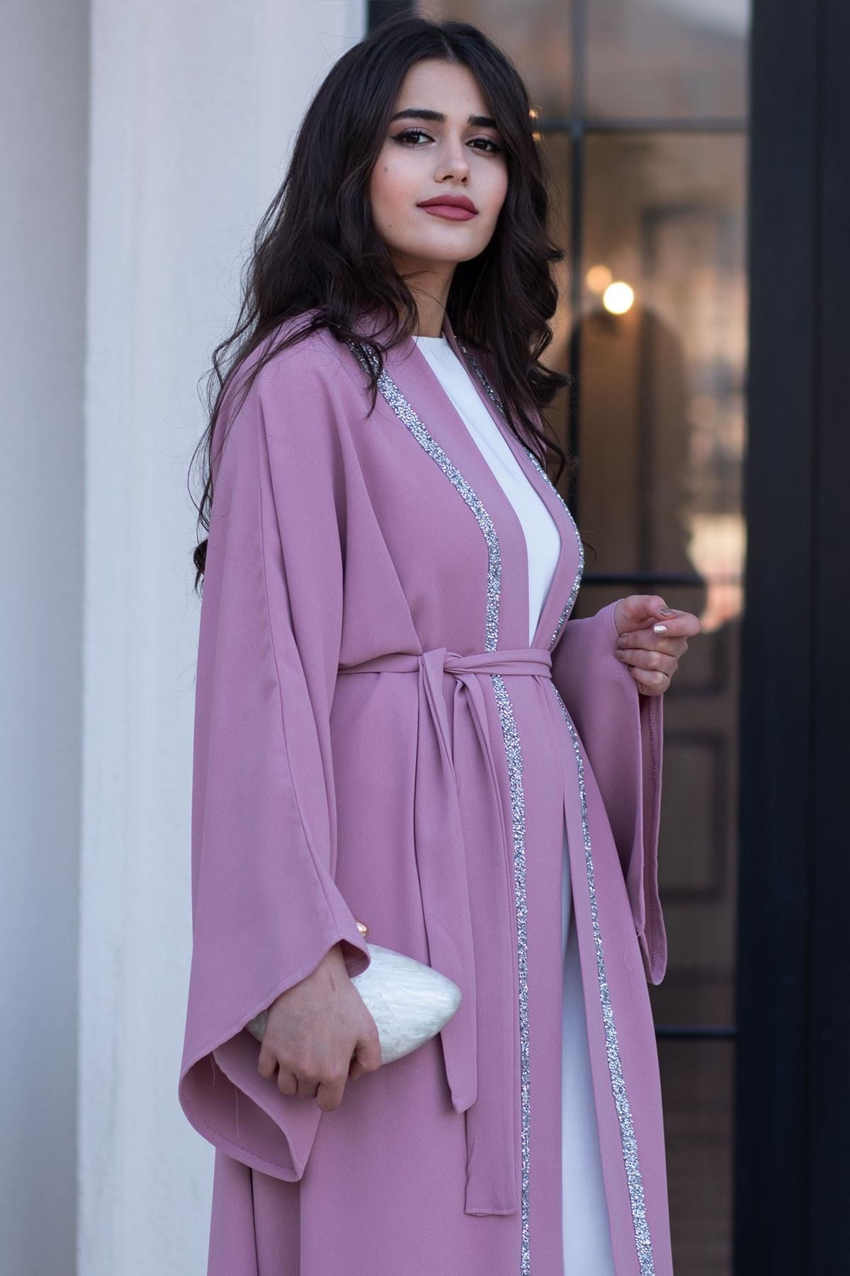 Önü Taş Şeritli Abaya-Pembe