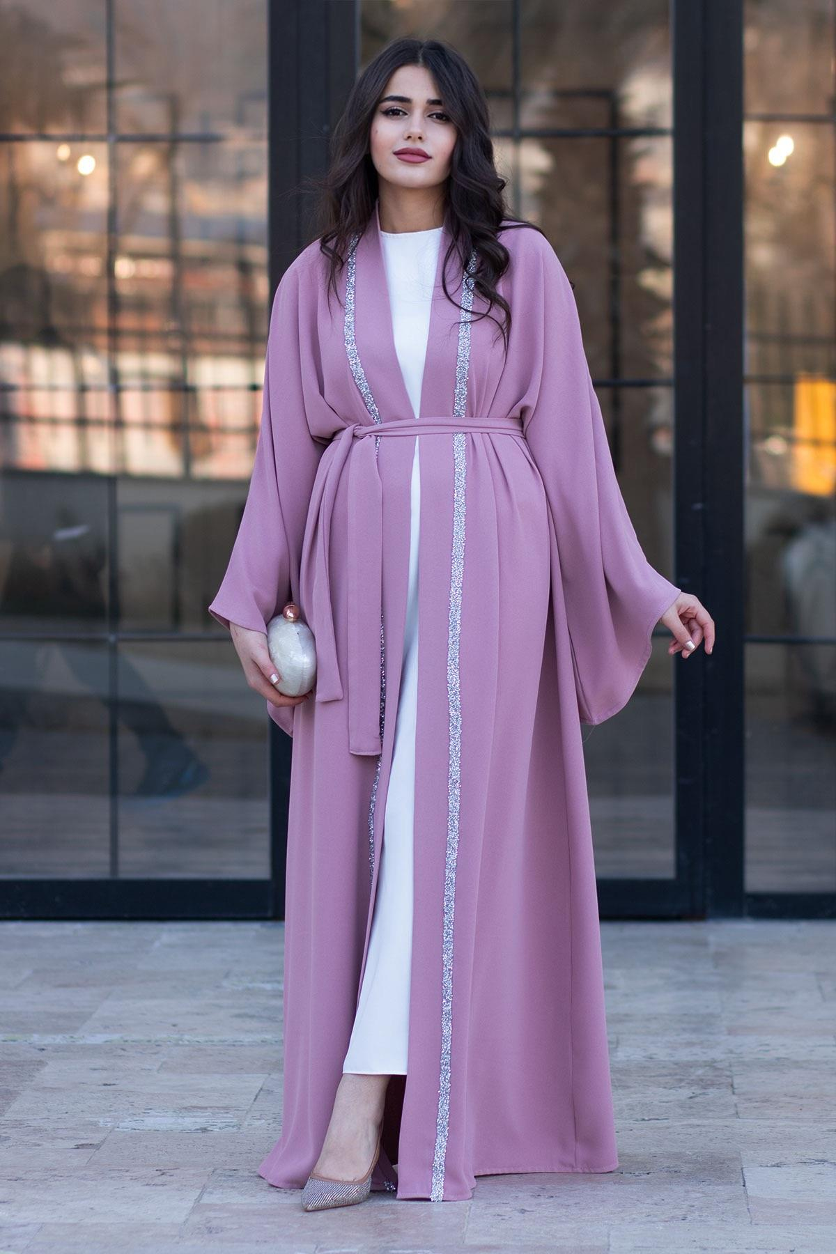 Önü Taş Şeritli Abaya-Pembe