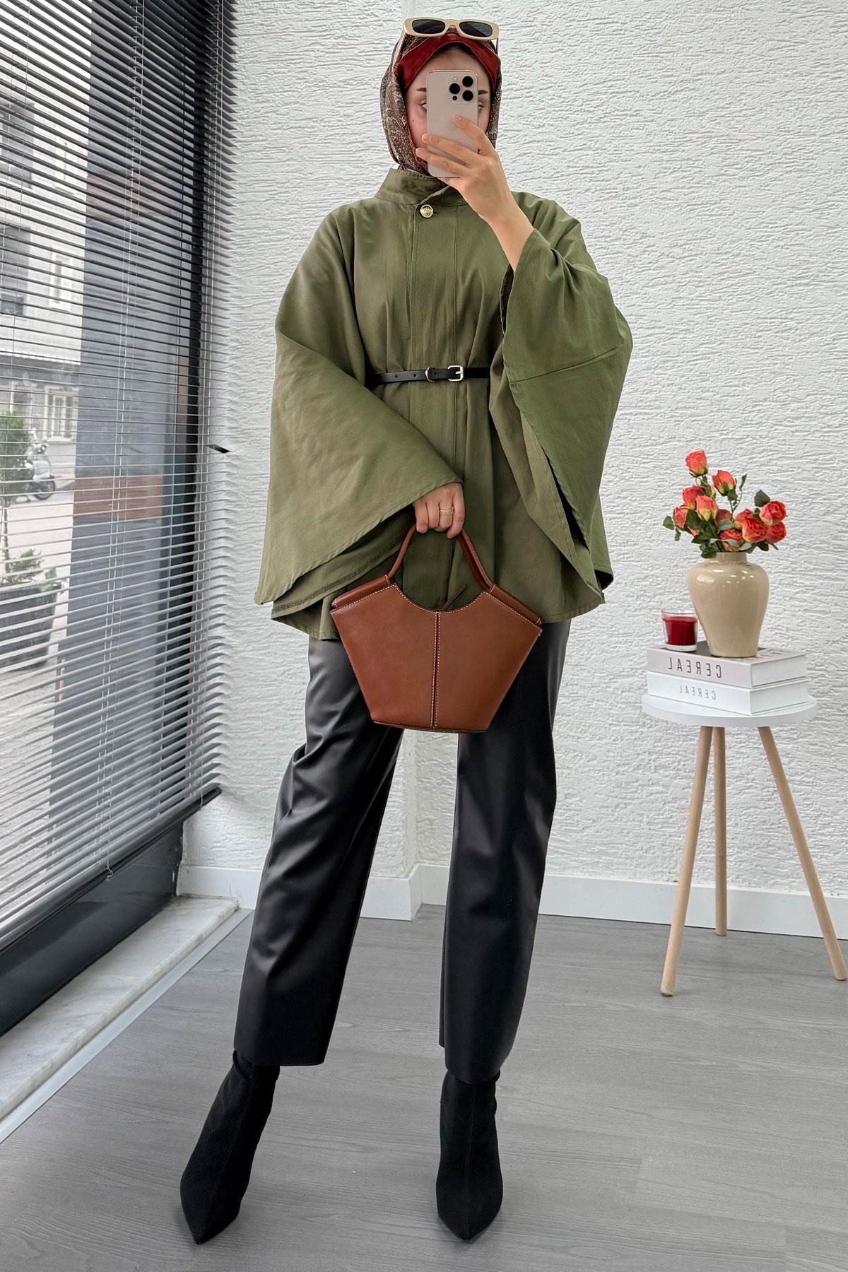 Önü Tek Düğmeli Kemerli Gabardin Panço - Haki