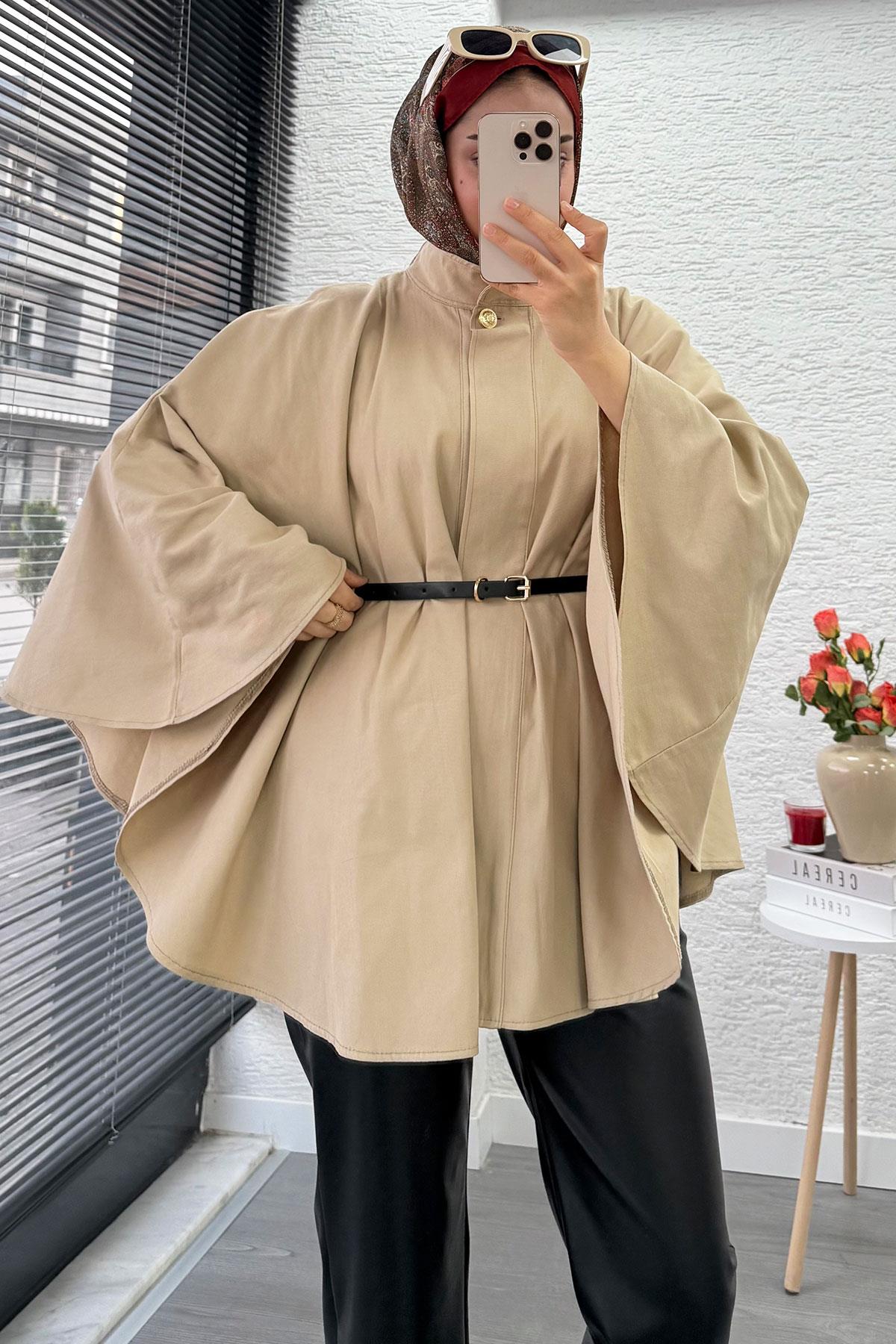 Önü Tek Düğmeli Kemerli Gabardin Panço - Bej