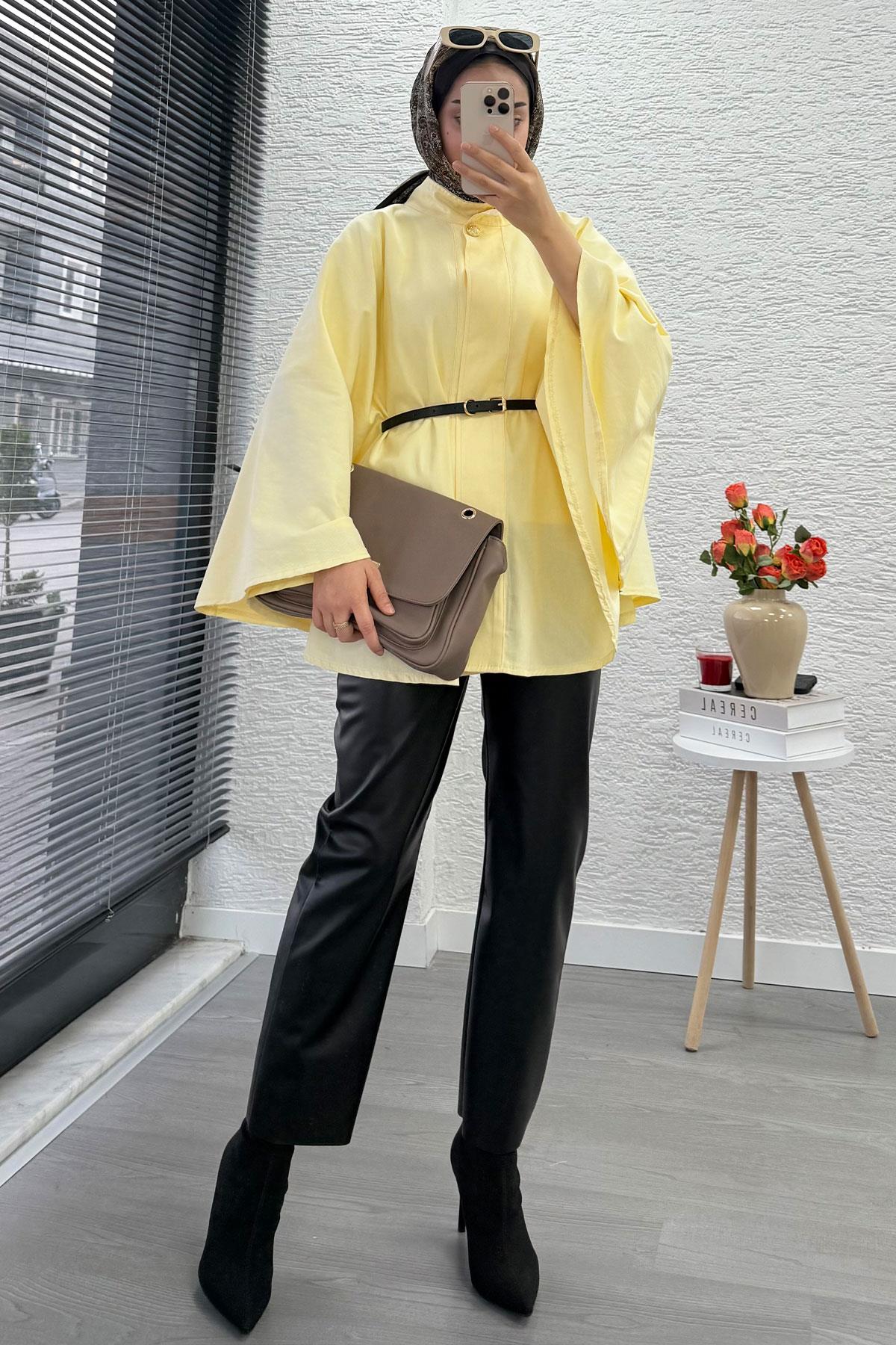 Önü Tek Düğmeli Kemerli Gabardin Panço - Sarı