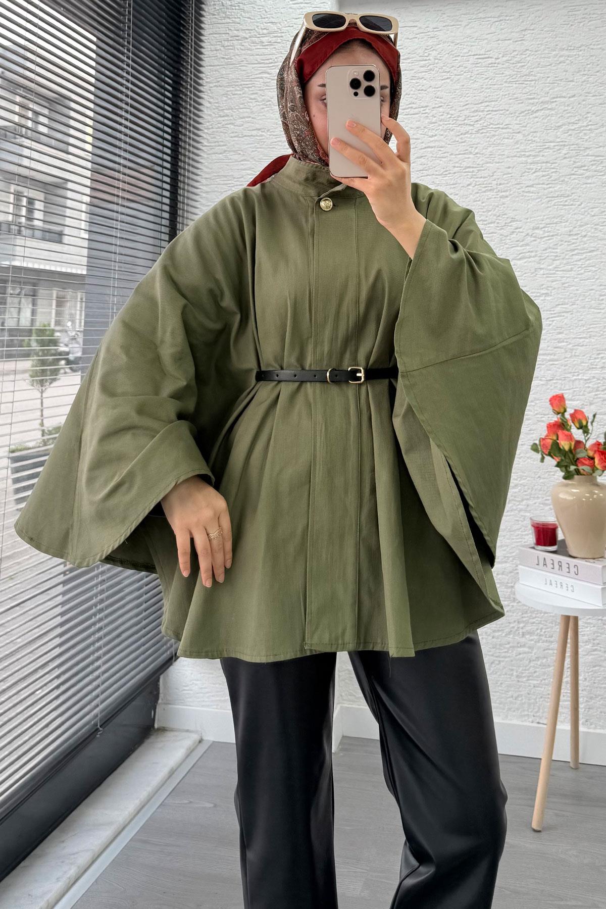 Önü Tek Düğmeli Kemerli Gabardin Panço - Haki