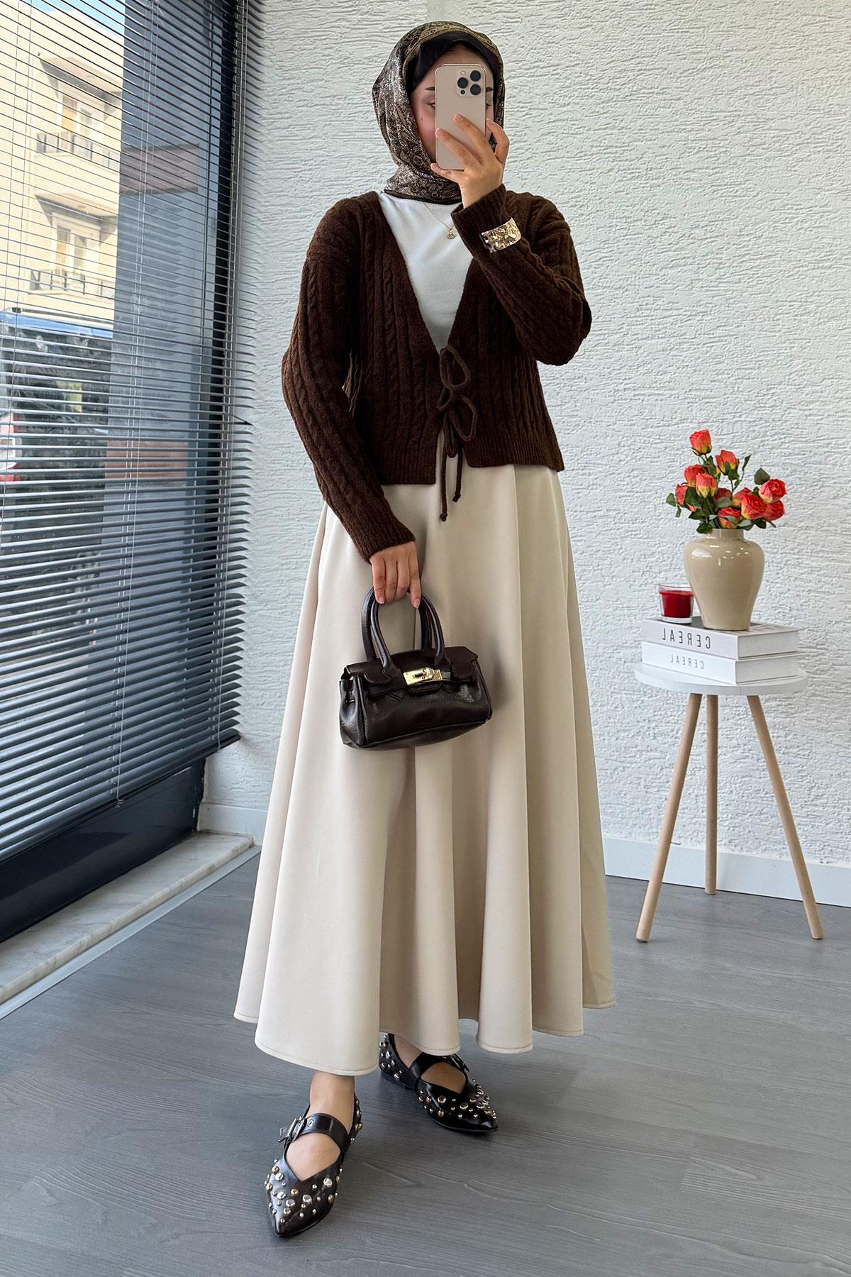 Örgü Desenli Önden Bağlamalı Kısa Triko Kimono – Kahverengi