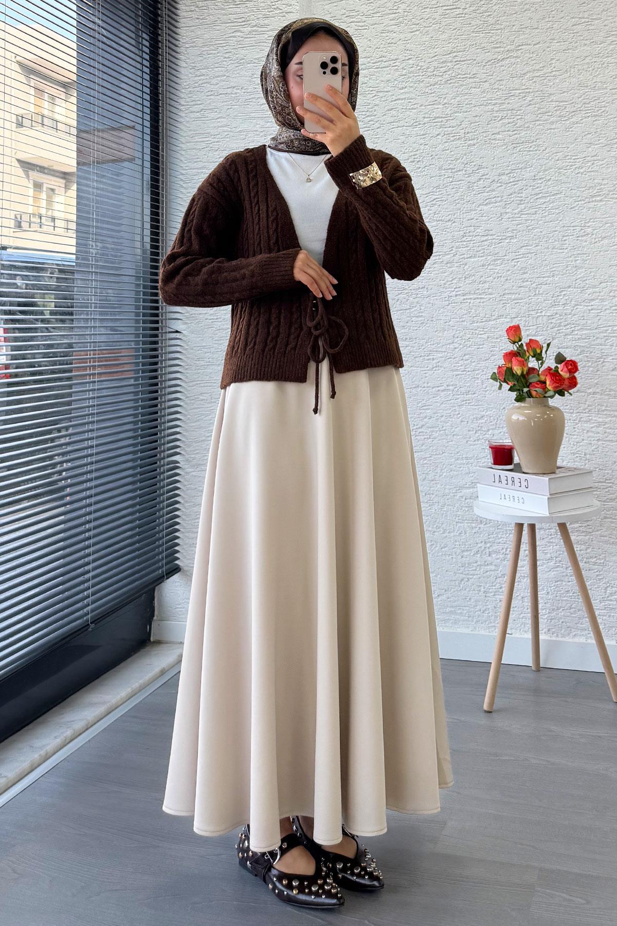 Örgü Desenli Önden Bağlamalı Kısa Triko Kimono – Kahverengi