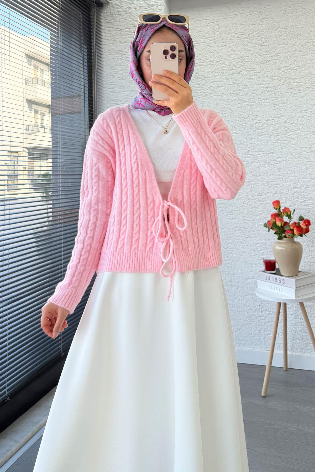 Örgü Desenli Önden Bağlamalı Kısa Triko Kimono – Pembe