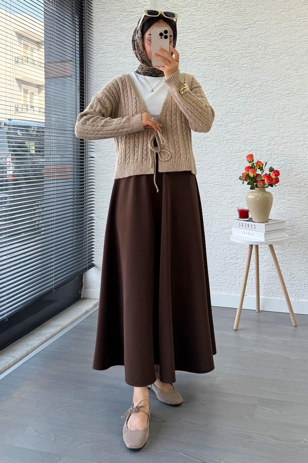Örgü Desenli Önden Bağlamalı Kısa Triko Kimono – Vizon