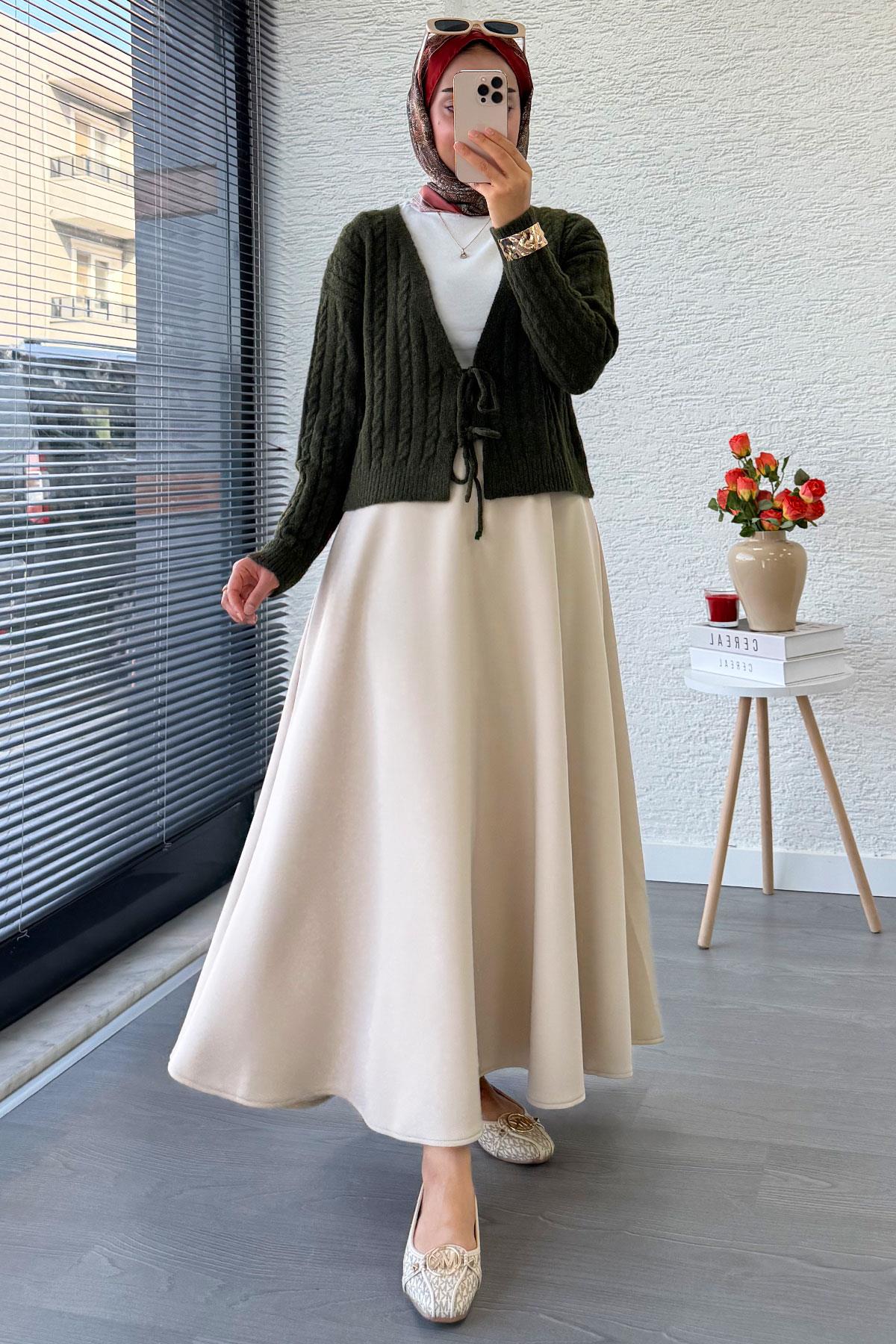 Örgü Desenli Önden Bağlamalı Kısa Triko Kimono – Haki