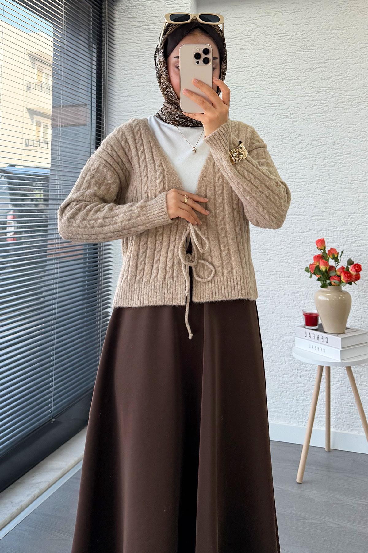 Örgü Desenli Önden Bağlamalı Kısa Triko Kimono – Vizon