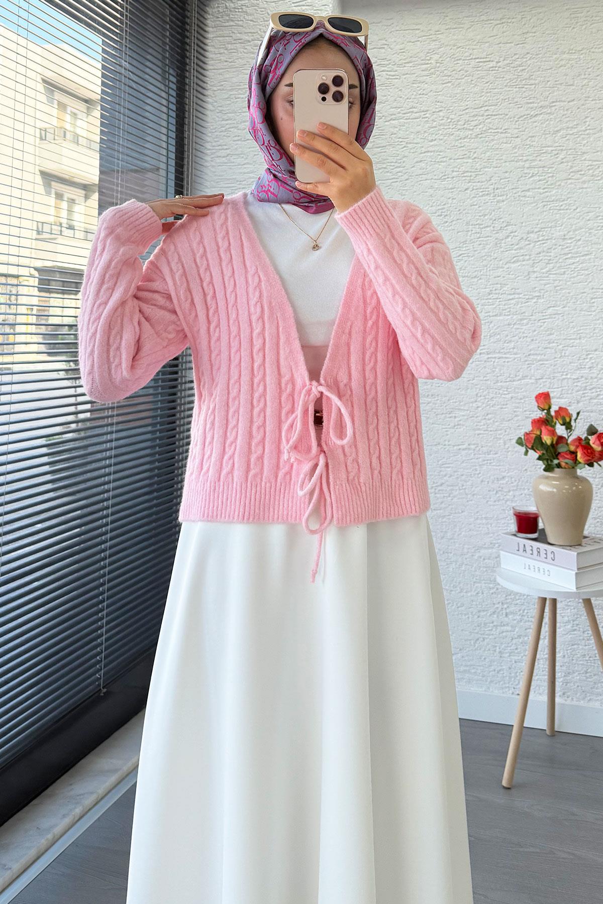 Örgü Desenli Önden Bağlamalı Kısa Triko Kimono – Pembe