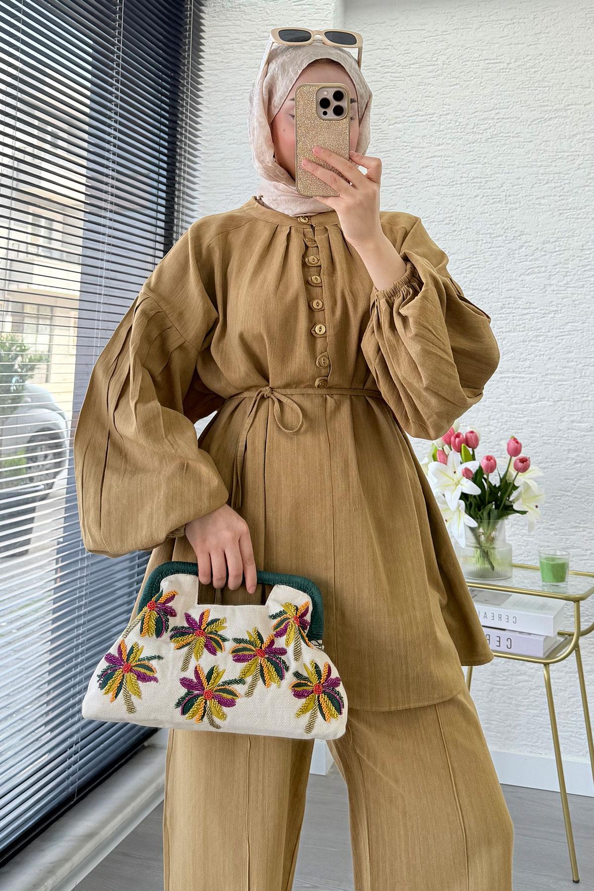 Oversize Birit Düğmeli Keten Pantolon Takım - Yağ Yeşili