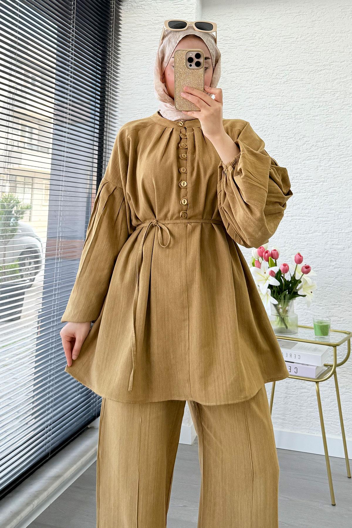 Oversize Birit Düğmeli Keten Pantolon Takım - Yağ Yeşili