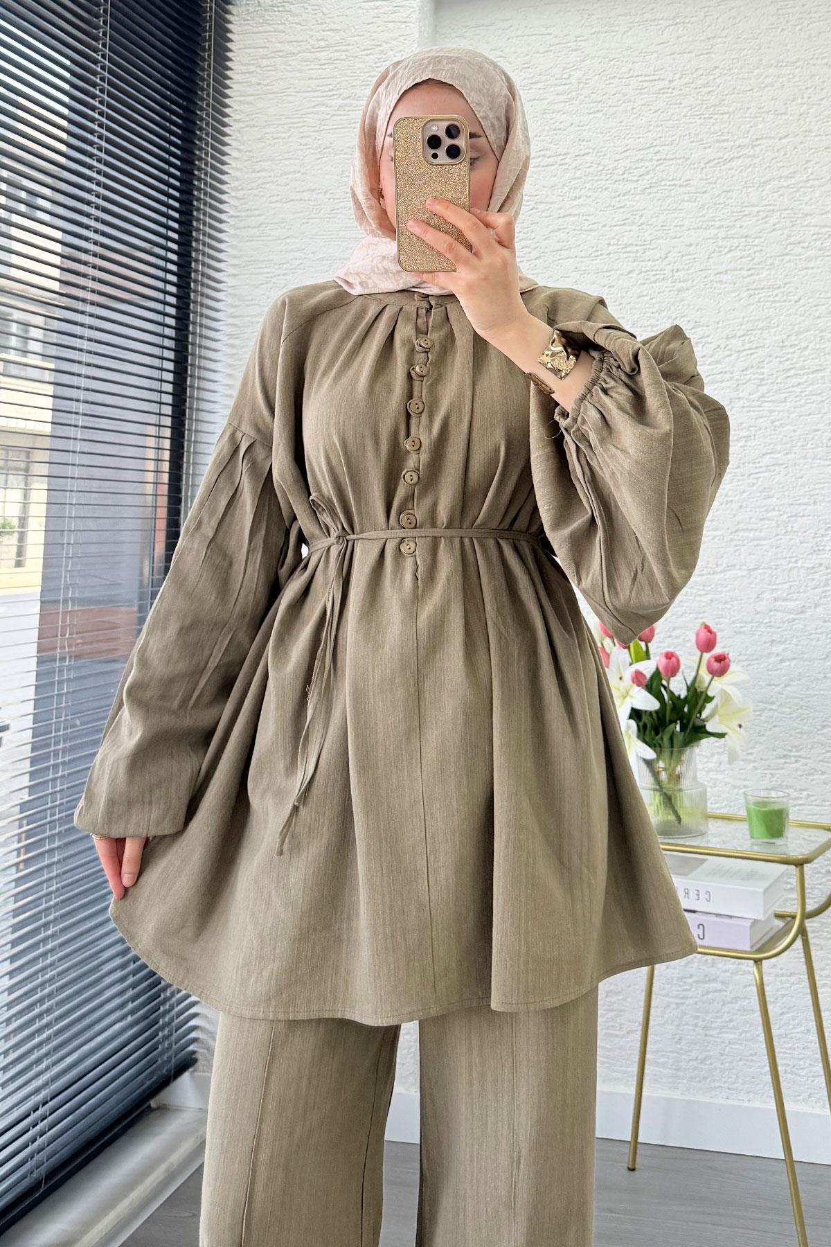 Oversize Birit Düğmeli Keten Pantolon Takım - Haki